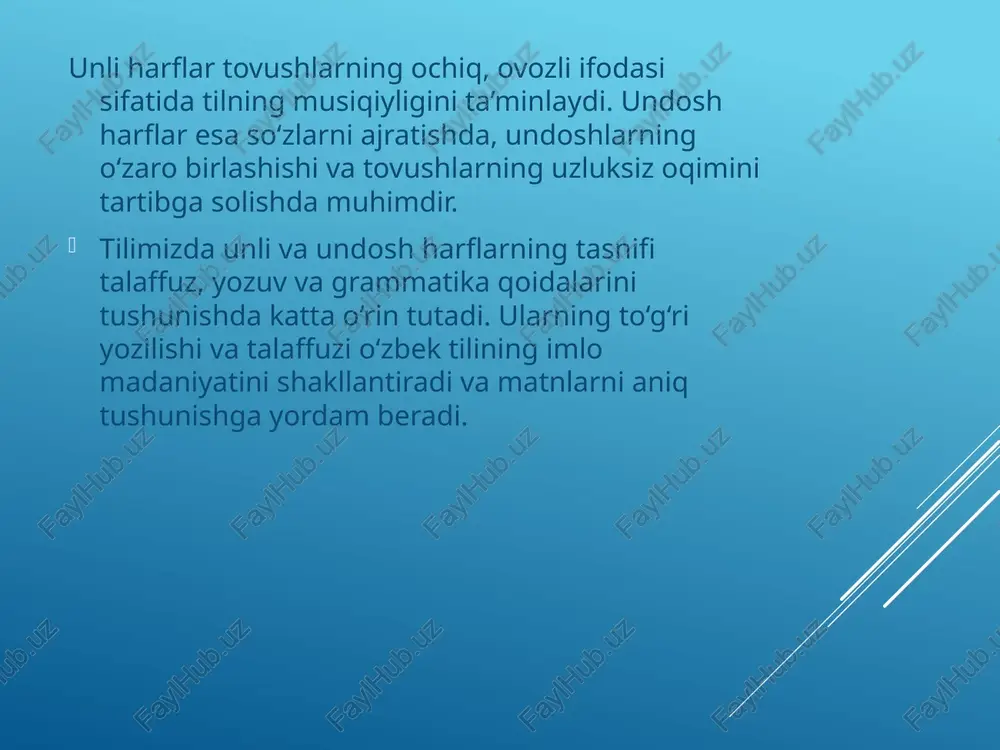 ri qo‘llash har bir til foydalanuvchisining yozuv madaniyatini oshiradi. foydalanilgan adabiyotlar abdukarimov, s. (2012). o‘zbek tili imlosi va punktuatsiyasi. toshkent: o‘zbekiston milliy nashriyoti. sobirov, t. (2015). yozma nutq madaniyati va imlo qoidalari. toshkent: o‘qituvchi nashriyoti. mirzayev, q. (2018). o‘zbek tili grammatikasi va yozuv madaniyati. samarqand: samdu nashriyoti. o‘zbekiston respublikasi ta’lim vazirligi. (2020). o‘zbek tili grammatikasi va imlosi. internet manbalari: www.ziyonet.uz – o‘zbek tiliga oid ta’lim va metodik materiallar. www.lex.uz – rasmiy normativ hujjatlar va imlo qoidalari. /docprops/thumbnail.jpeg