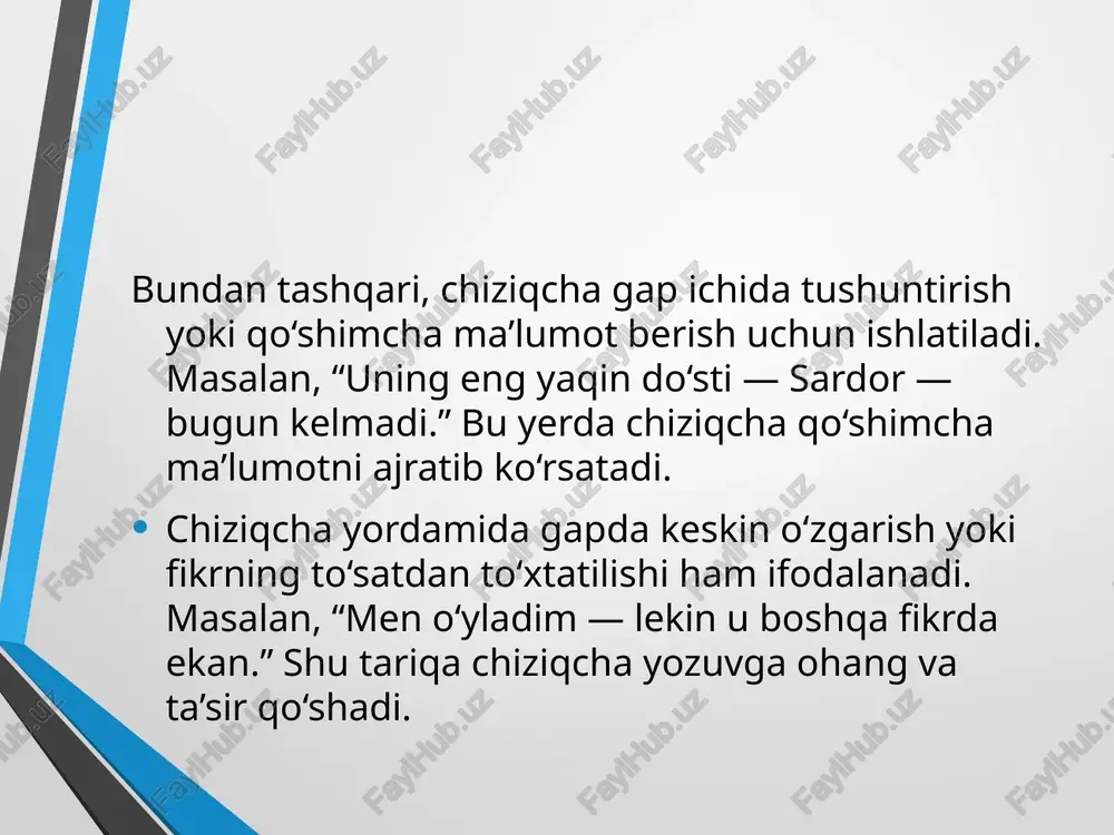 turli vazifalarni bajaradi. tilimizdagi chiziqcha bilan yozish qoidalarini chuqur o‘rganish va amalda qo‘llash har bir til foydalanuvchisi uchun zarur. bu esa yozma nutqni yanada sifatli va samarali qiladi, fikrlarning ifodasini kuchaytiradi. foydalanilgan adabiyotlar abdukarimov, s. (2012). o‘zbek tili imlosi va punktuatsiyasi. toshkent: o‘zbekiston milliy nashriyoti. sobirov, t. (2015). yozma nutq madaniyati va imlo qoidalari. toshkent: o‘qituvchi nashriyoti. mirzayev, q. (2018). o‘zbek tili imlosi: chiziqcha va defis. samarqand: samdu nashriyoti. o‘zbekiston respublikasi ta’lim vazirligi. (2020). o‘zbek tili grammatikasi va imlosi. internet manbalari: www.ziyonet.uz – o‘zbek tiliga oid ta’lim va metodik materiallar. www.lex.uz – rasmiy normativ hujjatlar va imlo qoidalari. /docprops/thumbnail.jpeg