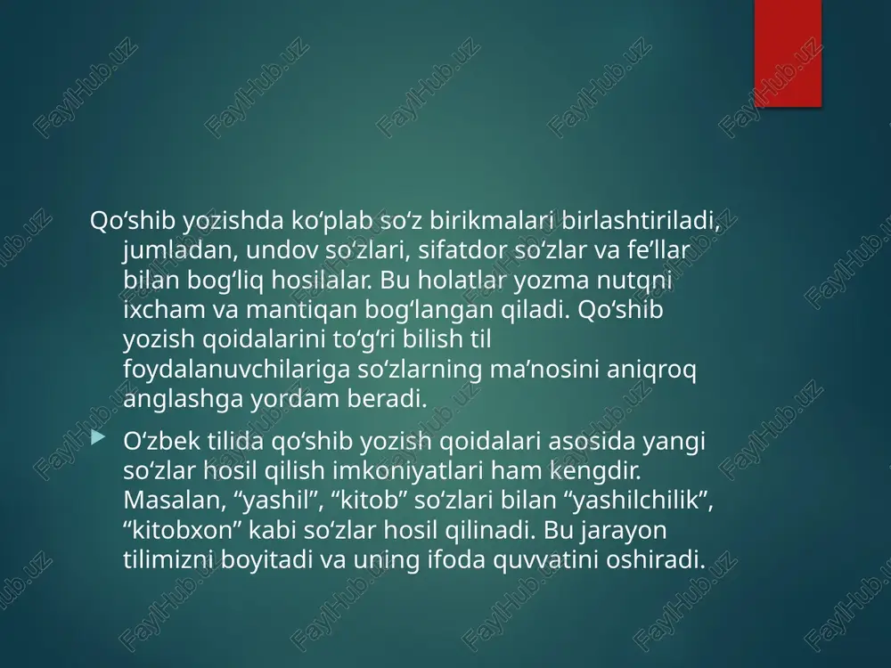 a yangi so‘zlar va tushunchalar hosil qilinadi, matnning ixchamligi va mantiqiy bog‘liqligi ta’minlanadi. ajratib yozish esa so‘zlarning mustaqil ma’noda ishlatilishini ko‘rsatib, ularning alohida ajralib turishini ta’minlaydi. bu qoidalarni to‘g‘ri qo‘llash yozma nutqni yanada ravon, oqilona va o‘quvchiga qulay qiladi. qo‘shib va ajratib yozish o‘rtasidagi farqlarni bilish esa xatoliklarni kamaytiradi va tilni sog‘lom rivojlantirishga xizmat qiladi. maxsus holatlar va ularning qo‘llanishi bilan tanishish, yozma nutqda to‘g‘ri va samarali ifodani ta’minlashda yordam beradi. foydalanilgan adabiyotlar abdukarimov, s. (2012). o‘zbek tili imlosi va punktuatsiyasi. toshkent: o‘zbekiston milliy nashriyoti. sobirov, t. (2015). yozma nutq madaniyati va imlo qoidalari. toshkent: o‘qituvchi nashriyoti. mirzayev, q. (2018). o‘zbek tili grammatikasi va yozuv madaniyati. samarqand: samdu nashriyoti. o‘zbekiston respublikasi ta’lim vazirligi. (2020). o‘zbek tili grammatikasi va imlosi. internet manbalari: www.ziyonet.uz – o‘zbek tiliga oid ta’lim va metodik materiallar. www.lex.uz – rasmiy normativ hujjatlar va imlo qoidalari. /docprops/thumbnail.jpeg
