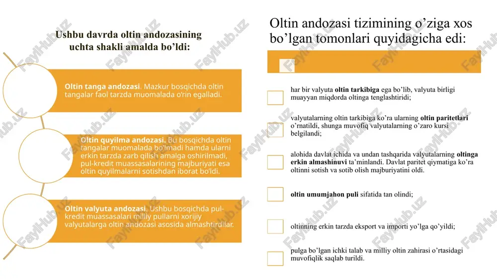 hon iqtisodiyotida muomaladagi pul massasi bilan oltin qazib olish va ishlab chiqarish o’rtasida bog’liqlikni yuzaga keltirdi. ushbu sharoitda yangi oltin konlarini ochish va uni qazib olishni ko’paytirish transmilliy inflyatsiyaga olib kelgan. aksincha, agar oltin ishlab chiqarish hajmi ishlab chiqarishning real hajmi o’sishidan orqada qolsa narxlar darajasining yalpi pasayishi kuzatilgan. urush harajatlarini qoplashda soliqlar, zayomlar bilan birga oltin ham jahon puli sifatida sarflandi. ko’pgina mamlakatlar tomonidan valyuta cheklovlari o’rnatildi. valyuta kurslari majburiy tarzda o’rnatilgan bo’lib, shu boisdan noreal edi. urush boshlanishi bilan markaziy banklar oltinni almashtirishni to’xtatdi va xarajatlarni qoplash uchun emissiyani oshirdilar. 1920 yilga kelib aqsh dollariga nisbatan funt sterling 1/3 qismga, frantsuz franki va italiya lirasi — 2/3, nemis markasi esa - 96%ga qadrsizlandi mazkur bosqich oltin quyilma andozasi yoki genuya valyuta tizimi sifatida nom oldi. 1922 yilda genuyada o’tkazilgan moliyaviy va iqtisodiy masalalar bo’yicha xalqaro konferentsiyada rivojlangan mamlakatlardagi oltin zahiralari tashqi savdo va boshqa operatsiyalar bo’yicha xisob-kitoblarni tartibga …