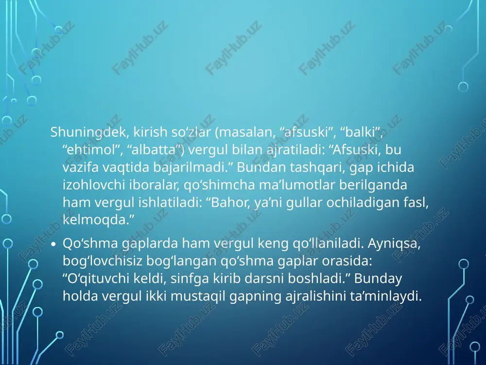 ishlash mumkin: tayyor matnlar berilib, tinish belgilarini to‘g‘ri joylashtirish; tinish belgilarining vazifasi bo‘yicha savol-javoblar; xatolar ustida ishlash, noto‘g‘ri qo‘yilgan belgilarni tahlil qilish; o‘quvchilarni turli kontekstda belgilarni mustaqil qo‘llashga o‘rgatish. bularning barchasi o‘quvchilarda muloqot madaniyati, savodxonlik va tafakkur salohiyatini oshiradi. yozma nutqda tinish belgilarining aniq qo‘llanilishi esa ularning fikrlarini mantiqiy, to‘liq va ta’sirli ifodalash imkonini beradi. xulosa tinish belgilarining to‘g‘ri va o‘rinli qo‘llanishi yozma nutq madaniyatining muhim jihatlaridan biridir. o‘zbek tilida ishlatiladigan tinish belgilarining har biri alohida grammatik va mantiqiy vazifani bajaradi. ular jumla va matn tuzilmasining aniqligini, mantiqiy izchilligini va emotsional ifodasini ta’minlab beradi. vergul, nuqtali vergul, ikki nuqta, tire, qavs va qo‘shtirnoq belgilarining har biri gapda turli vazifalarni bajaradi. masalan, vergul bir turdagi so‘zlarni ajratishda, kirish so‘zlarni belgilashda ishlatilsa, nuqtali vergul o‘zaro bog‘liq mustaqil gaplarni ajratishda ishlatiladi. ikki nuqta izoh berish yoki sanab o‘tiladigan fikrlar oldidan qo‘yiladi. tire esa ta’kid, izoh, qarama-qarshilik yoki kesimni ko‘rsatishda qo‘llaniladi. qavs yordamida izohli …