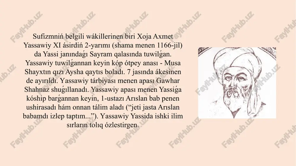 a toplawǵa pútkilley qızıqpaǵanın, kámbaǵalparwalıq hám ǵáripparwalıq etip jasaǵanın onıń ayırım hikmetlerinen de biliwge boladı. mal-dúnyaǵa, baylıqqa hám dáwlet arttırıwǵa berilgen, ziqna hám ashkóz adamlardı yassawiy ayawsız sınǵa aladı: beshek biliń bul dúnya bárshe xalıqtan óter, isenbegil malıńa, bir kún qoldan keterara, ata-ana, tuwısqan qayda ketti, oylan, tórt ayaqlı shobin at bir kún saǵan jeterara. joqarıdaǵı qatarlarǵa únles halda shayır insandaǵı ruwxıy baylıqtı muqaddes tutadı. illetler ishinde eń qáwiplisi nápsi, deydi: nápsim meni joldan urıp xor áyledi, telmirip xalayıqqa zar áyledi. haqıyqatında da, nápsi hár qanday illettiń baslanıwına sebep bolatuǵın insandaǵı ruwxıy-mánawiy táreplerden biri bolıp esaplanadı. onı jaslıǵınan tárbiyalaw, illet emes, pazıylet sıpatında qáliplestiriw áhmiyetli sociallıq, pedagogikalıq wazıypa esaplanadı. itibariniz ushin raxmet!!! image1.jpeg image2.jpeg image3.jpeg image4.jpeg image5.jpeg image6.png image7.jpeg image8.jpeg image9.jpeg image10.png image11.jpeg image12.jpeg image13.jpeg /docprops/thumbnail.jpeg