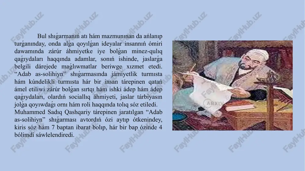 zıyletler jırlanǵan. bunday qosıq hám lirikalıq qosıqlar xi ásirde jasaǵan ullı alım maxmud qashqariy tárepinen dóretilgen “devonu-luǵatit-turk” shıǵarması arqalı bizge shekem jetip kelgen. túrkiy xalıqlardıń tariyxın sáwlelendiretuǵın áyyemgi dereklerde násiyat hám úgitler berilgen shıǵarmalar da kóplep ushırasadı. mine usınday shıǵarmalar qatarına maxmud qashqariydiń “devonu luǵatit-turk” shıǵarması da kiredi. ilimpaz bul shıǵarmanı 1076-1077-jılları jazǵan. geograf ilimpaz h. hasanov minaday misal keltiredi: 1914-jili turkiyanın diyarbakir qalasında bir jesir hayal pulga mútáj bolıp, kitap dúkanına eski qoljazbanı alıp keledi hám 30 liradan satatuģının aytadi. biraq bul bahaǵa kitaptı hesh kim almaydı. bir kúni dúkánga kekse kitap ıqlasbentlerinen ali amiriy kirip qaladı hám bir dostınan qarız alıp, kitaptı satıp aladı (ali amiriy 1857-1924-jılları jasagan, óziniń jeke kitapxanasında 15 minģa jaqın kitap toplap, hámmesin shayx fayzulla medresesine sawģa etken. keyin ala bul kitaplar fotih kitapxanası - milliy kitapxanaǵa ótkerilgen). bul kitap maxmud qashqariydiń “devonu lugatit-turk” shıǵarması edi. bul qoljazba túp nusqasınan kalligraf muhammad bin abu …