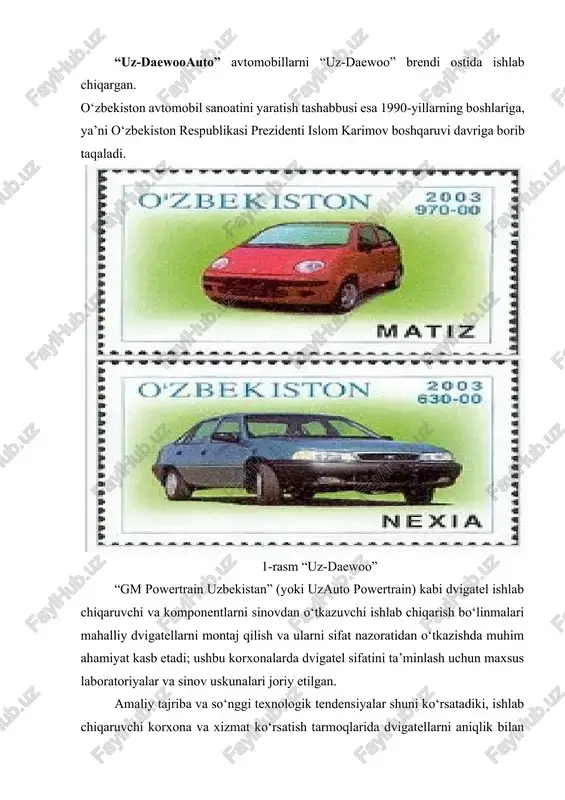 ‘yicha amaliy tavsiyalar, dvigatel tashxisining bosqichma-bosqich protokollari va texnik-iqtisodiy asoslangan yo‘l xaritasi — “gm–oʻzbekiston” (uzauto motors) va umumiy avtomobil xizmat ko‘rsatish tarmog‘i uchun foydali bo‘ladi. kirish qismida qo‘yilgan maqsad va vazifalar ishning keyingi bo‘limlarida (mavzu — asosiy tahlil, kirish qismi — texnik asoslar va metodlar, xulosa, foydalanilgan adabiyotlar va ilovalar) batafsil yoritiladi. mavzu: "gm-o'zbekiston " yuaj avtomabil divgatellarini tashxislash jihozi zamonaviy avtomobilsozlik sohasida ichki yonuv dvigatellari nafaqat mexanik yig‘ilma, balki murakkab mechatronik tizim hisoblanadi. ular sensorlar, aktuatorlar, elektron boshqaruv bloklari (ecu), yonilg‘i ta’minoti va emissiya nazorati elementlarining birgalikdagi ishlashiga tayanadi. shu sababli dvigatellarni aniq va tezkor tashxislash imkonini beruvchi texnik vositalar — ishlab chiqarish jarayoni va ekspluatatsiya bosqichining ajralmas qismi hisoblanadi. tashxislash tizimining samaradorligi dvigatelning xizmat muddati, yoqilg‘i sarfi, ekologik ko‘rsatkichlar va umuman transport vositasining ishonchliligiga bevosita ta’sir qiladi. “gm–oʻzbekiston” (hozirgi uzauto motors) kabi yirik ishlab chiqaruvchi korxonalar uchun dvigatel tashxislash tizimi — bu sifat menejmentining muhim elementi. ishlab chiqarish …