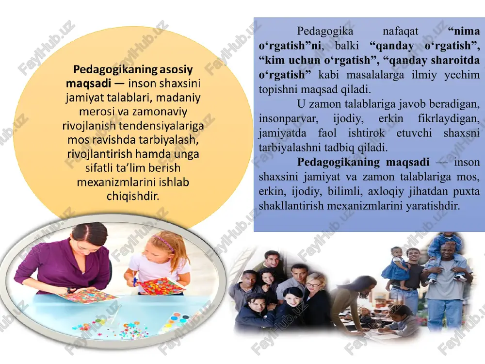 ojlanishi: milliy an’analar va zamonaviy integratsiya. o‘zbekistonda pedagogik fikr — milliy-ma’naviy an’analarga, islom madaniyatiga, jadidchilik harakatiga, sovet davri tajribasiga hamda mustaqillikdan keyingi yangi tizimlarga asoslangan holda rivojlandi. yusuf xos hojib, alisher navoiy, mahmudxo‘ja behbudiy, abdulla avloniy kabi ziyolilar — milliy g‘oya, ona tili, ayollar ta’limi, dunyoqarashni kengaytirish, yangi usullarni joriy etish orqali pedagogikani milliy asosda rivojlantirdilar. mustaqillikdan keyin qabul qilingan “ta’lim to‘g‘risida”gi qonun (1992, 1997, 2020), “ta’limni rivojlantirish milliy dasturi (2022–2026)” — pedagogikani kompetensiyaviy, amaliy, innovatsion, raqamli va global standartlarga mos keluvchi tizimga aylantirishni maqsad qiladi. 3. pedagogik fanlar tizimi va boshqa fanlar bilan aloqasi. pedagogikaning boshqa fanlar bilan aloqasi. falsafa— shaxs rivojlanishi jarayonining dialektik xususiyatlari, muayyan pedagogik g‘oya, qarash hamda ta’limotlarning falsafiy jihatlari kabi masalalarni hal etishga imkon beradi. 2. iqtisod— ta’lim muassasalarining faoliyatini yo‘lga qo‘yish, o‘quv binolarini qurish, ta’lim-tarbiya jarayonlarini tashkil etish va ularning moddiy-texnika va zamonaviy texnologiyalar bilan jihozlash kabi masalalarning iqtisodiy jihatlarini anglashga xizmat qiladi. 3. …