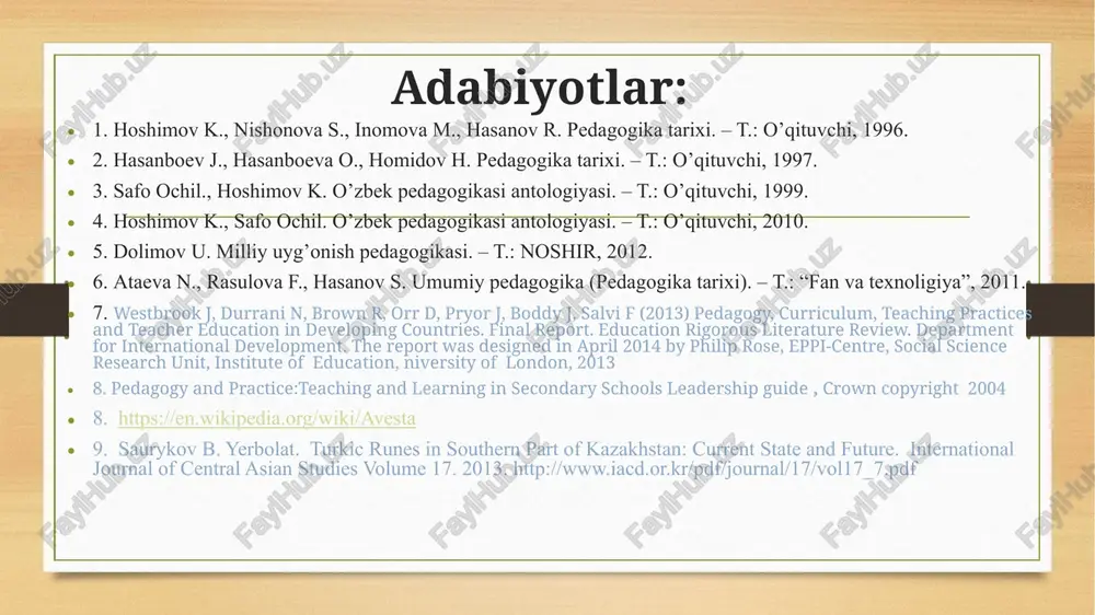 -1 ming yilliklar. temir asri ilk temir asri mil. av. x-viii asrlar. so’nggi temir asri vii–iv asrlar xalq pedagogikasi – empirik bilimlar sohasi sifatida xalq pedagogikasi xalq ommasi orasida hukmronlik qiluvchi tarbiyaning maqsadi va vazifalariga bo‘lgan qarashlarni ifodalovchi amaliy pedagogik bilimlar va tajribasining sohasidir. xalq pedagogikasining tarkibiy qismlari: xalq og‘zaki adabiyoti xalq urf-odatlari xalq o‘yinlari xalq o‘yinchoqlari etnografik materiallar xalq pedagogikasining tarbiyaviy imkoniyatlari deganda xalq tarbiya tajribasidan joy olgan empirik pedagogik bilimlar, ma’lumotlar, malakalar va ko‘nikmalarning zamonaviy maktab va oila tarbiyaviy tizimida bolalar va o‘quvchi-yoshlarni tarbiyalash maqsad va vazifalarini hal etish uchun zarurligi (qulay shart-sharoiat yaratishi) tushuniladi. xalq pedagogikasining didaktik imkoniyatlari deganda xalq ommasining yoshlarga bilimlar va amaliy ko‘nikmalar berish, ularni ijodiy ishlash uslublari bilan qurollantirish, dunyoqarashlarini o‘stirish va axloqiy nafosat g‘oyalarini egallashlarida qo‘llab kelgan empirik pedagogik tajribasini zamonaviy milliy maktab o‘qitish jarayonida qo‘llash uchun qulayligi tushuniladi “avesto” asarida insonning barkamol bo‘lib yetishishi uchun zarur omillar ezgu fikr ezgu so’z …