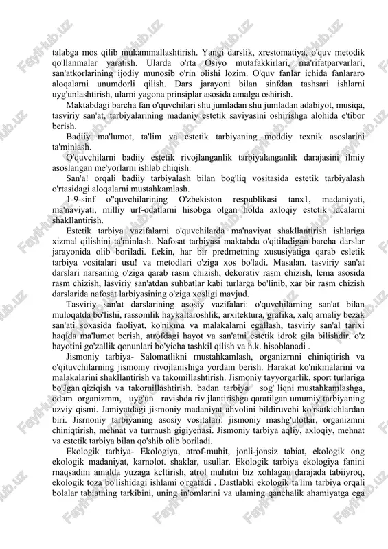 faolligi ijodiy yaratuvchi qobiliyati sezilib turibdi. ii.o'zbekiston umumiy madaniyat darajasi yuksalib borish jarayonida yangi texnika va texnologiya ishlab chiqarishni tashkil etishning zamonaviy usullari tobora takomillashib borayapti. hozirgi davr ilmiy-texnik inqilobi sharoitida elektronika avtomatika kibemetika informatika kabi bilim soxalarining rivojlanishi ishlab chiqarish soxasi tubdan qayta ko'rishga imkoniyat yaratib berayapti. bu hol ishlab chiqarishda band bo' lgan odamlarning ruhiy xolatining ham tubdan o'zgarishini kasbkorlik ijtimoiy ruhiy ahloqiy va cstetik xolatlarning vujudga kclishini taqozo etadi. 4.radio, televideniya, kino ommaviy axborol vositalarining turmushdan keng o'rin olishi natijasida badiiy axborot hajmining ham keskin ortib borish i estetik tarbiya ahamiyatining tez suratlarda o'sishini ta'minlaydi. avvallari estetik tarbiya o'ta tor va bir tomonlama talqin qilinar ya'ni uni san'at asarlarini to'g' ri idrok etish bu bilan alohida lazzatlanish yoki biror san'at turini bilib olib muayyan badiiy ko'nikmalarga ega bo'lish doirasida intiqo etilar edi. ba'zan estetik tarbiyasiga odamlarda yuksak estetik did farosatni shakllantirish sifatida qaralar edi. bulaming barchasi badiiy …