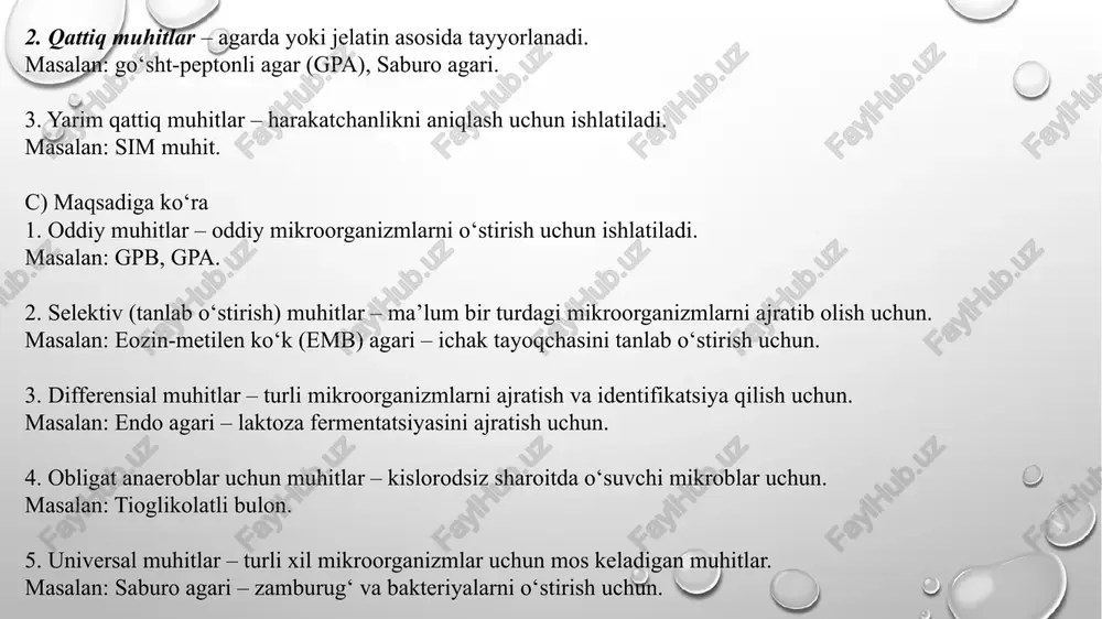 aol o‘sishda davom etadi. xususiyatlari: mikroorganizmlar uzluksiz ravishda eksponensial fazada bo‘ladi. sanoatda antibiotik va biotexnologik mahsulotlar ishlab chiqarishda ishlatiladi. chemostat va turbidostat kabi maxsus apparatlar talab qilinadi. 4. g‘ovak (membranali) filtrda o‘stirish bu usulda mikroorganizmlar maxsus filtr yuzasida o‘stiriladi. xususiyatlari: yopishib o‘suvchi (biofilm hosil qiluvchi) bakteriyalarni o‘stirish uchun ishlatiladi. steril filtrlardan foydalanish mumkin. ichki muhitdagi mikroorganizmlarni o‘rganishda qo‘llanadi. 5. cheklangan kislorod sharoitida o‘stirish ba’zi mikroorganizmlar kislorodga nisbatan maxsus talabga ega: aeroblar – kislorodga muhtoj (masalan, bacillus). anaeroblar – kislorod yo‘qligida o‘sadi (masalan, clostridium). fakultativ anaeroblar – har ikkala sharoitda o‘sadi (masalan, escherichia coli). anaerob mikroorganizmlarni o‘stirish usullari: anaerob banka (gaspak) – kislorod yutilib, anaerob sharoit yaratiladi. tioglikolatli bulon – anaerob bakteriyalarni o‘stirish uchun maxsus suyuq muhit. mikroorganizmlarni o‘stirish usullari tadqiqot va sanoat maqsadlariga qarab tanlanadi. oddiy laboratoriya sharoitidan tortib, murakkab biotexnologik tizimlargacha turli usullar mavjud. to‘g‘ri usulni tanlash mikroorganizmlar o‘sishini optimallashtirish va kerakli mahsulotlarni olishda muhim ahamiyatga ega. mikroorganizmlarni o‘stirish …