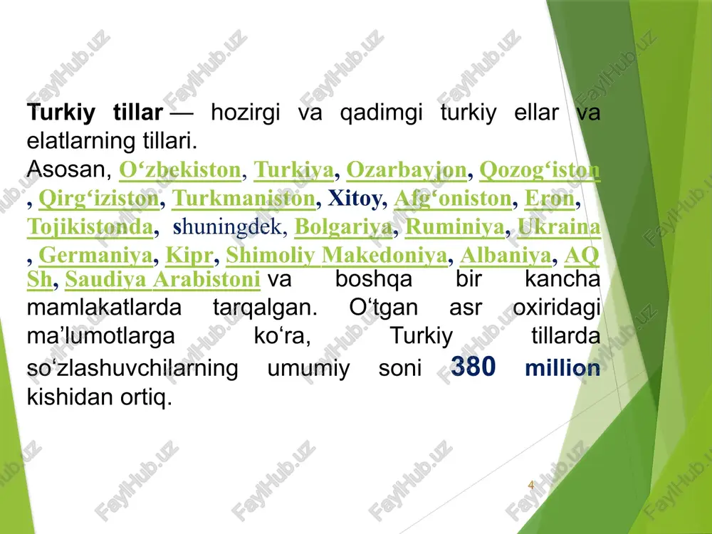 irg’iz, oltoy tilining oltoy, teleut, telengit shevalari kiritiladi. turkiy tillarning lingvistik va genetik xususiyatlarini ham ko’zda tutganligi hamda barcha turkiy tillarni qamrab olganligi uchun bu tasnif ko’pchilik turkologlar tomonidan tan olinmoqda. 15 turkiy tillar garchi bir negiz tildan o’sib chiqqan bo’lsada, zamon o’tishi bilan ularning ayrimlari bir-biridan uzoqlashib ketganlar. bunga asosiy sabab, birinchidan, ularning turli territoriyalarda bo’lishligi, ikkinchidan, boshqa tillar bilan aloqaga kirishishidir. masalan, n.a.baskakovning fikricha, hozirgi qoraqalpoq tiliga xii-xvi asrlardagi qipchoq-no’g’ay qabilalari uyushmasi asos bo`lgan. qipchoq-no’g’aylar ix-xiii asrlardagi qipchoq qabilalaridan kelib chiqqan bo`lib, aslida negizi xunn va oltoy tillariga borib taqaladi. turkiy tillar va ularning taraqqiyot bosqichlari: 16 turkiy tillar va ularning taraqqiyot bosqichlari 2.xunn davri (eramizning iii-v asrigacha). 4.o’rta turk davri. asosiy turkiy qabilalar va ular tillarining shakllanish hamda taraqqiy etish davri (x-xv-asrlar). 5.yangi turk davri. xalq tillarining shakllanish va taraqqiy etish davri (xv-xx asrlar). 6.eng yangi turk davri (xx asr). 3.qadimgi turk davri (v-x asrlar). 1.oltoy davri(eradan …