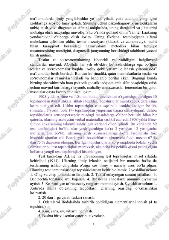 vomida olib borgan ta’lim metodlarida yangi bir yondashuvni joriy etish imkonini berdi. natijada 1837-yilda aqliy taraqqiyotdan ortda qolgan bolalarni o‘qitish maktabiga asos solindi. 1848-yilda amerikaga ketib, uning g‘oyalari yuqori darajada e’tirof etilishga sabab bo‘ldi. e.segenning bir qator usullari, harakat testlari va noverbal intellekt testlarni joriy etilishiga olib keldi. bunga e.segenning nomi bilan ataladigan doska shaklini keltirish mumkin. ushbu doskada individdan har xil figuralarni tezkorlik bilan joylashtirishni talab etadi. testologiyada yetarlicha izlanishlar va metodikalar yaratilayotgan bo‘lsa-da, ammo tatbiq etish sifati doimo mutaxassislar diqqat marakazida bo‘lishi lozim bo‘ladi. testologiya tarixidan ham ma’lumki, dastlabki diagnostik metodikalar, xususan, ispan olimi xuan xart (1530-1589) va fransuz olimlari j.eskirol (1772-1840), e.segen (1812-1880), tomonidan taqdim etilgan diagnostik vositalar inson psixologiyasining ma’lum bir jihatlarini yoritishga qaratilgan bo‘lsa-da, tashxis natijalari sifatini baholash borasida ma’lum talablar masalalari xususida to‘xtalishga erta edi. shunday bo‘lsa-da, j.eskirol va e.segenlar psixik kasallik bilan aqliy taraqqiyotda ortda qolish o‘rtasidagi farqlashni muayyan mezonlar orqali o‘rganishga kirishgan …