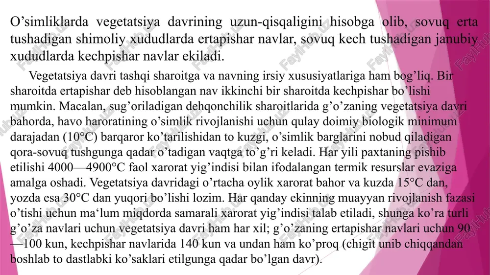 bo’g’imli tirsakli bo’lib bo’g’imlardagi barg qo’ltig’idan qo’shimcha paydo bo’ladi. hosil organlar esa o’z bandi bilan ba‘zan bo’g’imlarda qo’shimcha holda barg qo’ltig’ida paydo bo’lishi mumkin. chegaralanmagan hosil shox bo’g’imlarining qisqa yoki uzunligiga qarab uning 4 ta tipi bo’ladi: 1 tip 1-5 sm., 2 tip 6-10 sm., 3 tip 11-15 sm., 4 tip 16-20 sm. cheklanmagan tipdagi hosil shoxlarining kenja tiplari: i - bo‘g‘im orasi qisqa; ii - bo‘g‘im orasi; iii - orasi keng va iv - bo‘g‘im juda uzun g‘o‘za guli g’o’za guli ikki jinsli, gul organlari beshta doira bo’yicha joylashib, quyidagi qismlardan iborat: 1. gulbandi bitta bo’lib, u meva pishguncha turadi. 2. gulyonbargi 3 ta bo’lib ingichka tolali g’o’zalarda 2 ta gulyonbarg bo’ladi. uning tishi o’rta tolali g’o’zada 13-15, ingichka tolani g’o’zada 9-11 ta bo’ladi. 3. gulkosacha o’zaro tutashgan beshta kosabargdan iboratdir, rangi och yashil. 4. gul toj asosi bir-biriga birikib ketgan 5 ta gulbargdan iborat. 5. otalik kolonkasi o’zining …