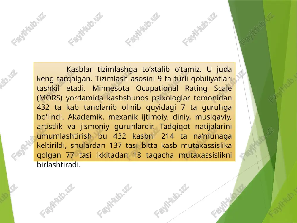 tsion, iroda va emotsional sohasining tavsifi hisoblanadi. psixogramma – kasbning psixolgik portreti bo‘lib, u aniq kasbda dolzarb bo‘lgan psixologik funksiyalar gurhi bilan namoyon. professiografik tadqiqotlar metodlari kasb ilmiy ta’siri mehnatning tashqi (mehnat xulqi ) tashqi, ya’ni psixik jarayonlar ko‘rishini, ya’ni mehnat sub’ektining ichki vositalari bo‘lgan integral psixologik tizilmalarini nazarda tutadi. professiografiyada ko‘pgina turli tuman usullar qo‘llanadi. ijtimoiy (so‘rovnomalar savollar kiritilgan kuzatuv); psixologik (suxbat kuzatuv tajriba va ulardan kelib chiquvchi intervyu shaxsiy so‘rovnomalar teslar tajribalar psixobiografiyalar faoliyat maxsulotlarning muhim) fiziologik (ekg.kgr qayda arterial bosimni o‘lchash antopometrik va tehnik ma’lumotlar); tehnalogik jarayonlar ta’siri va boshqa usullar xilma – xilligidan vaqt, kuch va vaziyatlarni minimal bilan profesiogramma tadqiqotdagi savollarga javob beruvchi usullarni tanlash lozim . usullar kompleksini ishlab chiqishda tizim tashkil etuvchi omil tadqiqot maqsadi rol o‘ynaydi. professiogrammalarning kasbga yo‘naltirish va kasbiy tanlov maqsadida ishlab chiqishda psixodiognostik tadqiqotlar juda muhim hisoblanadi. qolgan tadqiqotlar o‘quv – kasb muassasalarida talablar, o‘quvchilar o‘qishiga qabul qilinadigan shaxslar …