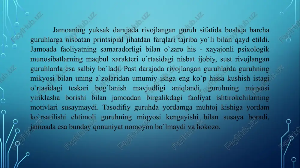 : 1. faoliyatining mazmuniga qarab: a) ilhomlantiruvchi, harakat yoki axloq dasturini taklif qiluvchi lider; b) bajaruvchi - berilgan dasturni bajarish tashkilotchisi; v) bir vaqtda o`zida ham ilxomlantiruvchi, ham bajaruvchi. 2. boshqarish usuliga ko`ra: a) avtoritar b) demokratik c) liberall d) yuqoridagi ikki uslubni o`zida mujassamlashtirgan. 3. faoliyati xarakteriga qarab. a) universal - o`zida liderlik xususiyatlarni doim ko`rsatib turadigan; b) situativ (vaziyatga bog`liq) - o`zida liderlik xususiyatlarini ma`lum o`ziga xos vaziyatlarni ko`rsatib turadigan. guruhning ichki tuzilishini o`rganish psixologiyada guruhdagi tabaqalanishini (uning ichki tuzilishini) o`rganish uchun ko`plab metodlar qo`llaniladi. ulardan ikkita asosiylari - sotsiometriya (sotsiometrik so`rov) va referentometriya metodidir. amerikalik psixolog, mikrosotsiolog j.moreno guruhlarda shaxslararo munosabatlarni o`rganish uchun shaxslarning bir birini saylashini ( tanlashi, afzal qurishlarni) aniqlash usulini va hissiy afzal qurishlarni qayd qilish texnikasini taklif etdi. buni u sotsiometriya deb ataldi. image2.png /docprops/thumbnail.jpeg