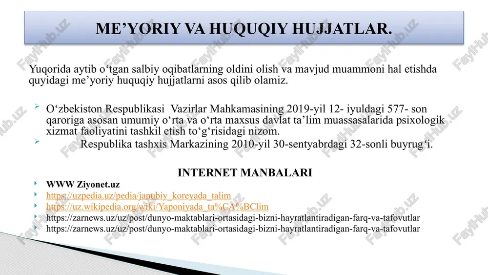 bolalar psixologiyasiga alohida e’tibor berishadi. maktab psixologlari uchun alohida dars soati tashkil etish kerak. qiyosiy tahlil xulosa xulosa qilib shuni aytadigan bo‘lsak, amaliyotchi psixologlar o‘z xizmat faoliyatini quyidagi yo‘nalishlar orqali amalga oshirib samarali natijalarga erishishlari mumkin: psixologik ma’rifat va tashviqot; psixologik-pedagogik tashxis; psixologik profilaktika; psixologik korreksiya; psixologik maslahat; kasb-hunarga yo‘naltirish; umumta’lim maktablari psixologlarining ushbu asosiy yo‘nalishlari psixologik xizmat faoliyatining mahsuldorligini ta’minlab, ta’lim sifatini yanada rivojlantirishi, o‘quvchilar layoqat-qobiliyatini yanada takomillashtirishi, maktab jamoasi ijtimoiy-psixologik muhitini ijobiy tomonga o‘zgartiradi. takliflar magistr darajasidagi va yuqori tajribaga ega bo‘lgan psixologlarni jalb etish. xodimlarni ishga olish jarayonida psixologning xulosasini ham inobatga olish. maktablarda “relax” xonalarini tashkil etish. chora-tadbir namunasi t/r muammo muammoning yechimini amalga oshirish mexanizmi mas’ullar muddati natija 1 jamoada nosog‘lom muhitning shakllanib qolishi. maktab rahbariyati va o‘qituvchilar orasida adolat va shaffoflikni ta’minlash. ta’lim muassasasi direktori, o‘ibdo‘, mmibdo‘, psixolog doimiy. pedagogik jamoa a’zolarining o‘z kasbiga bo‘lgan ishonchi ortishi. 2 ta’lim muassasasi pedagogik jamoa o‘rtasidagi samimiy …