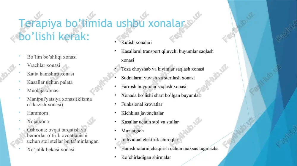 a choyshablarni o’zgartiridi.tushlikka qadar siydik va najas yig’ishni nazorat qiladi.undan keyin xonani yig’ishga kirishadi. bemorlarni umumiy baholash bemorning umumiy axvolini. bemorning holati qandayligini (to’shakda). es-xushi holatini. antropometrik ko’rsatgichlarini. bemorning umumiy axvoli qoniqarli o’rta darajada og’ir og’ir o’taog’ir (predagonal). terminal (agonal). klinik o’lim holati image1.jpeg image2.jpeg image3.jpeg image4.jpeg image5.jpeg image6.jpeg image7.png /docprops/thumbnail.jpeg