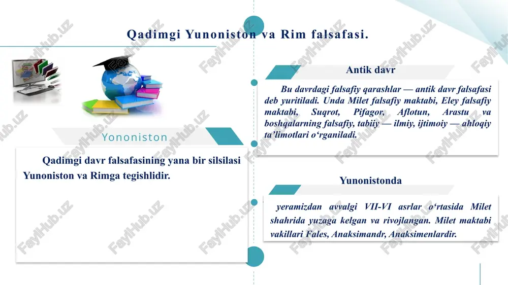 lm-fan rivojida aleksandr tomonidan ko‘rsatilgan himmat va rag‘batlar muhim ahamiyat kasb etgan. 01 02 03 04 arastu (384 — 322 yillar) (asli — aristotel) faylasuf olamdagi narsa va hodisalar to‘rtta sababga ega. bular — moddiy sabab, ya’ni modda (materiya); shakliy sabab yoki shakl; yaratuvchi sabab; pirovard sabab yoki maqsad sabablardir. yaratuvchi sabab, arastu talqinicha, harakat manbaidir. demokrit— moddiy dunyo, abadiy va poyonsiz, cheksiz-chegarasiz reallikdir, olam mayda moddiy zarrachalardan, ya’ni atomlardan va bo‘shliqdan iborat deya ta’lim byeradi. demokrit tasodifiyatni inkor etgan. u «na tabiatda na jamiyatda xech bir narsa tasodifan paydo bo‘lmaydi», deb yozgan. demokritning falsafiy qarashlarida axloqiy ta’limot muhim o‘rin tutadi. atomlar va bo‘shliq o‘zaro yaxlit abadiy ibtidodir. atomlar — bo‘linmas va o‘zgarmas, sifat jihatdan bir xil, uning miqdori shakli singari behisobdir. harakat, degan edi demokrit, atomlardan iborat moddaning abadiy, tabiiy holatidir. 01 02 03 04 demokritning qarashlari ham muhim o‘rin tutadi. me’yor, deydi faylasuf, axloqning tabiat insonlarga in’om etgan …