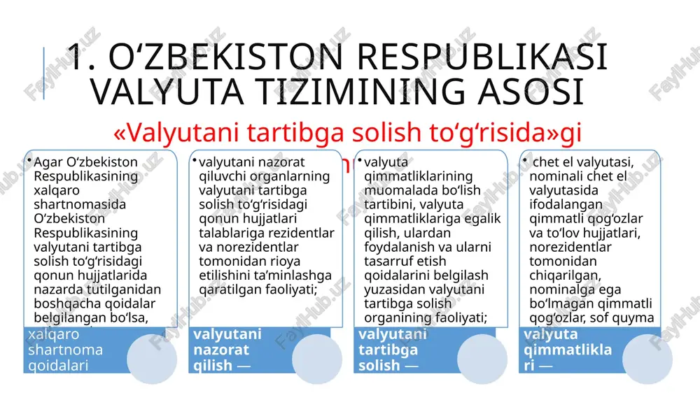 shlar, xizmatlar) uchun tariflar, narxlar, shu jumladan milliy elektron savdo maydonchalaridagi shunday tariflar, narxlar, shuningdek yuridik shaxslarning ustav fondlari (ustav kapitallari) miqdorlariga doir talablar faqat o‘zbekiston respublikasi valyutasida belgilanadi. o‘zbekiston respublikasi hududida realizatsiya qilinadigan tovarlar (ishlar, xizmatlar) narxlarining chet el valyutalariga va shartli birliklarga bog‘lanishiga yo‘l qo‘yilmaydi. davlat bojlari, yig‘imlari va boshqa majburiy to‘lovlar faqat o‘zbekiston respublikasi valyutasida undiriladi, bundan konsullik yig‘imlari mustasno. rezidentlarning valyuta qimmatliklari va ulardan foydalanilishi rezident jismoniy shaxslar valyuta operatsiyalarini amalga oshirish maqsadida: o‘z mulkida o‘zbekiston respublikasiga olib kirilgan, o‘tkazilgan yoki jo‘natilgan, o‘zbekiston respublikasida olingan yoki sotib olingan valyuta qimmatliklariga ega bo‘lishga va ulardan o‘z ixtiyoriga ko‘ra foydalanishga; nosavdo tusidagi xalqaro transchegaraviy pul o‘tkazmalarini amalga oshirishga; valyuta qimmatliklarini qonun hujjatlarida belgilangan tartibda o‘zbekiston respublikasiga olib kirishga, o‘tkazishga va jo‘natishga, shuningdek o‘zbekiston respublikasidan olib chiqishga, o‘tkazishga hamda jo‘natishga haqli. rezident yuridik shaxslar valyuta operatsiyalarini amalga oshirish maqsadida: o‘z mulkida valyuta qimmatliklariga ega bo‘lishga; chet el valyutasini qonun …