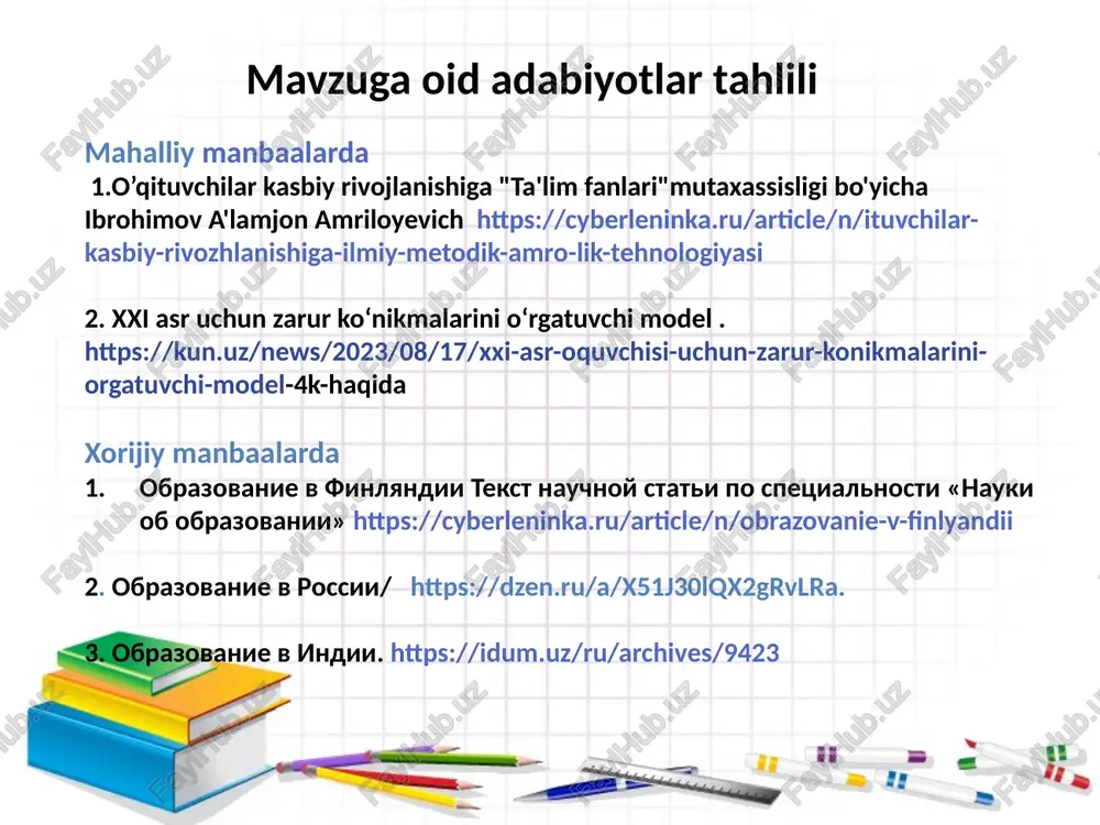 chiq, adolatlilik tamoyillarga asoslangan tizim ishlab chiqish hamda metodbirlashma rahbarlari tomonidan yangi ishga qabul qilingan o‘qituchilarni sinov muddati davomida xulosalariga tayangan holda ularning kelgusidagi faoliyatini belgilash. 8 xulosa maktablarda metodbirlashma faoliyatini to‘g‘ri yo‘lga qo‘yishda uchraydigan muammolarni bartaraf etish uchun metodbirlashma rahbarlariga yetarlicha shart-sharoit yaratib berilsa, ularni o‘z vaqtida kasbiy bilim maxoratlarini oshirishlari uchun malaka oshirish kurslariga jalb qilish maktabda ta’lim sifatining oshishiga ijobiy ta’sir ko‘rsatadi. bundan tashqari, metodbirlashma faoliyatini samarali yo‘lga qo‘yish nafaqat ta’lim sifatini yaxshilashga shu bilan biragalikda pedagog jamoada sog‘lom muhit shakllanishiga, maktabda yuzaga keladigan nizolarni hal qilish va ularni oldini olish, maktab direktori va direktor o‘rinbosarlarining boshqaruv jaranyoniga ijobiy ta’sir ko‘rsatadi. takliflar yosh pedagoglarni qo‘llab-quvvatlash maqsadida, ularning pedagogik mahoratini tahlili natijasiga ko‘ra turli kurslarda o‘qitish tizimini yo‘lga qo‘yish o‘quvchilarni professonal ta’limga yo‘naltirish maqsadida turli soha vakillari bilan hamkorlik ishlarini tizimli yo‘lga qo‘yish; maktabning metodbirlashma rahbarlari yangi kadrlarni ishga olishda direktorning maslahatchisi bo‘lishi kerak. umumiy o‘rta ta’lim maktablaridagi …