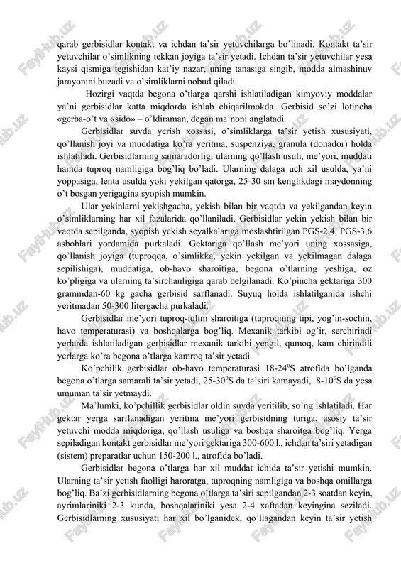 ziston fanlar akademiyasi botanika institutida qand lavlagi, kanop, beda va boshqa yekinlarda tekinxo’rlik qiluvchi zarpechakka qarshi kurash usuli ishlab chiqildi. buning uchun yekin dalalari alternariya zamburug’i sporalari bilan ishlov beriladi. oradan 4-5 kun o’tgandan keyin zarpechak nobud bo’ladi. olovli kultivatorlar yordamida begona o’tlarni kuydirish murakkabligi uchun deyarli qo’llanilmayapti. mulchalash usuli. bu usulda begona o’tlar urug’ining unib chiqishiga, unganlarining yesa unishiga yo’l quymaslik va boshqa maqsadlarda yer mulchalanadi. mulchalash uchun maxsus qog’oz, poliyetilen plyonka, neft chiqindisi va boshqa narsalardan foydalanish mumkin. yorug’lik va havo yetarli bo’lmagani uchun begona o’tlarning ko’p qismi nobud bo’ladi. fan va amaliyot shuni ko’rsatayaptiki, begona o’tlarga qarshi kurashda biologik usul istiqbollidir. begona o’tlarga qarshi kimyoviy kurash choralari. begona o’tlarni mexanik va biologik usullar bilan har doim to’liq yo’qotib bo’lmaydi. ko’p yillik begona o’tlarning baquvvat ildiz tizimi tuproqqa chuqur (3-7 metrgacha) kirib boradi va uni chuqur ishlov berish bilan ham to’liq yo’qotib bo’lmaydi. shuning uchun qo’shimcha qarshi kurashishda …