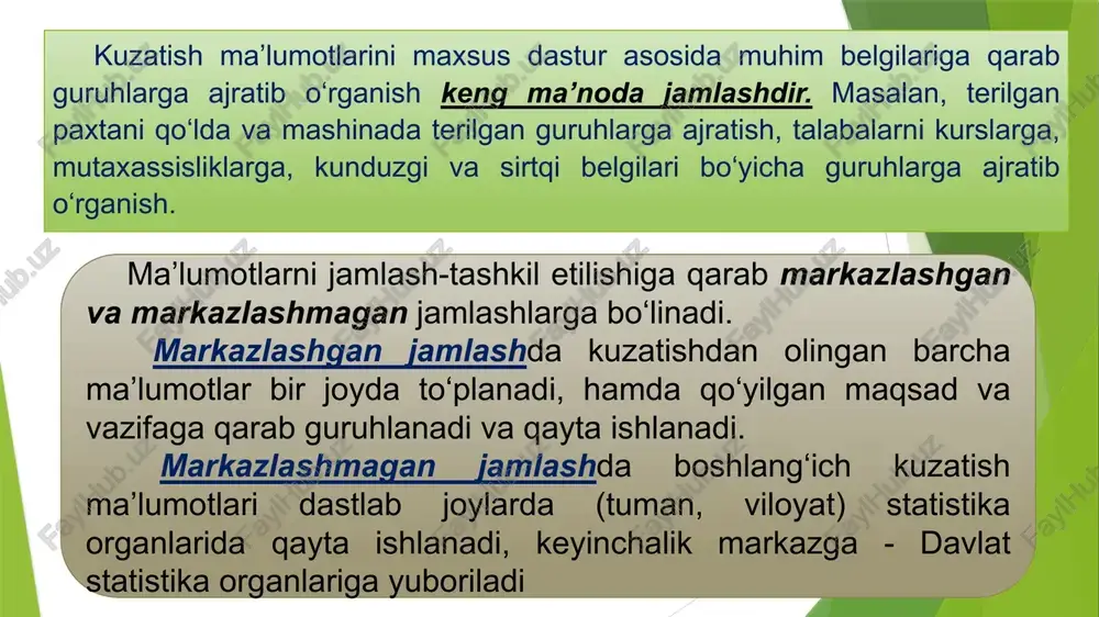 ga xos xususiyatga ega bo’lgan guruhlarni aniqlash maqsadida qo’llaniladi. masalan, aholining qaysi bir qismi mehnat resursi ekanligini aniqlash maqsadida ular quyidagi guruhlarga bo’lib o’rganiladi: 15 yoshgacha – ishlash yoshida bo’lmagan; 16-55 yosh – ishlash yoshidagi ayollar; 16-60 yosh – ishlash yoshidagi erkaklar; 55 yosh va undan yuqori – nafaqa yoshidagi ayollar; 60 yosh va undan yuqori — nafaqa yoshidagi erkaklar. har bir guruh bir-biridan mazmunan tubdan farq qiladi ko‘zlangan asosiy vazifalarni hal qilish nuqtayi nazaridan sta­tistik guruhlash quyidagi uch turga bo‘linadi: 1.tipologik guruhlash. 2.tuzilmaviy (strukturali) guruhlash. 3.tahliliy (analitik) guruhlash. tahliliy guruhlash yordamida aholining milliy, jinsiy tar­ki­bi, mamlakat yalpi ichki mahsuloti, qishloq xo‘jalik yalpi mah­sulotining tarkibiy qismlari kabi ijtimoiy hodisalarning tuzil­ma­lari (strukturasi) o‘rganiladi. tuzilmaviy (strukturali) guruhlash deganda bir xil tipdagi sta­tistik to‘plam tarkibiy qismini guruhlarga bo‘lib, ularning sal­mo­g‘ini aniqlash orqali o‘rganish tushuniladi. demak, ushbu gu­ruh­lash turida to‘plam tarkibidagi har bir guruhning salmog‘i aniq­la­nib, to‘plam tarkibi o‘rganiladi. tipologik guruhlash deganda hodisalarni ijtimoiy-iqtisodiy …