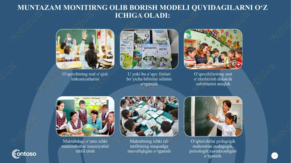 monitoring jarayonida imkoni boricha inson omilini kamaytirish, buning uchun monitoring jarayonlarini zamonaviy axborot kommunikatsiya vositalaridan foydalangan holda tashkil etish monitoring natijalariga ko‘ra kimnidir rag‘batlantirish yoki kimnidir jazolashni mutlaqo taqiqlash, monitoring natijalaridan faqatgina tahlil qilish, diagnostika qilish, korrektsiyalash, tuzatish vositasi sifatida foydalanishni yo‘lga qo‘yish; taʼlim sifati monitoringini barcha hududlarda bir vaqtni o‘zida bir xil sinflarda aynan qaysidir umumtaʼlim fanlari bo‘yicha tashkil etish, bu respublikani barcha hududlarini qamrab olish orqali umumiy xulosa chiqarish imkonini beradi; takliflarim muammo yuzasidan xorijiy tajribalarni o’rganilganligi 15 amaldagi holat (o‘zbekistonda) ichki monitoring xalq ta’limi vazirligining 2017 yil 16-setabrdagi 299-sonli buyrug‘iga ko‘ra o‘tkazilmoqda amaldagi holat (xorijda) finlandiya ta’limda, rivojlanishda, innovatsiyalarda so‘ggi yillarda eng mashhur mamlakatlardan biri bo‘ldi, ta’lim sohasidagi yutuqlar, jahon standartida yuqori ko‘rsatkichlarga ega bo‘lish pisa natijalari finlandiyalik bolalarning muvoffaqiyati bilan bog‘liqdir. taklif maktabdagi 4-sinf o‘quvchilari o‘rtasida pirls, 9-sinf o‘quvchilari o‘quvchilari o‘rtasida tims, 15 yoshli o‘quvchilari o‘rtasida pisa xalqaro tadqiqotlari savollaridan foydalangan holda ichki monitoring o‘tkazish maktabda …