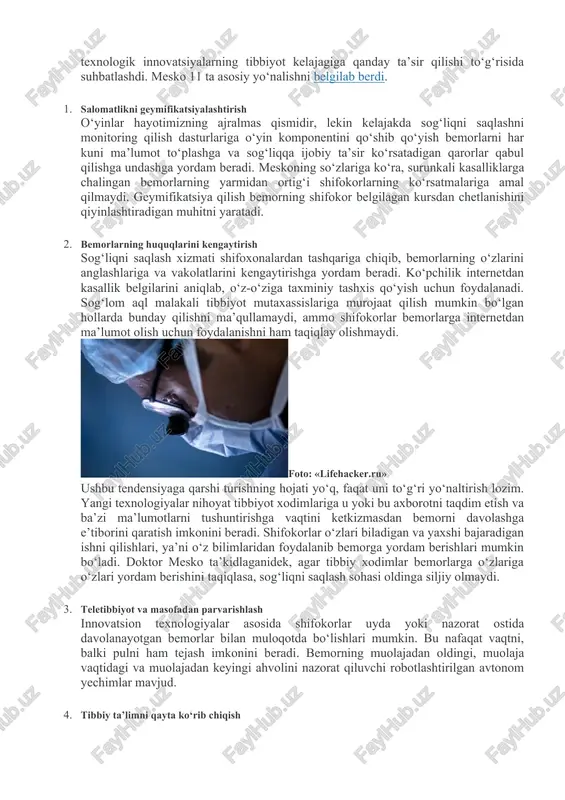 shundaki, u ruhiy kasallikdan qiynalayotgan inson paypog‘iga yopishtirib qo‘yiladigan datchik ixtiro qildi. bemor qachonki o‘rnidan tursa, qarindoshining smartfoniga ovozli signal keladi. shuningdek, alsgeymer kasalligiga chalinganlarga g‘amxo‘rlik qilish uchun insonni xaritadan topib beruvchi, uncha katta bo‘lmagan ratsiyaga o‘xshab ketadigan gps qurilmasidan foydalanilmoqda. yolg‘iz keksalarga yordam temboo kompaniyasi keltirgan ma’lumotlarga ko‘ra, aqshda keksa yoshli odamlar farzandlari bilan emas, balki ko‘proq mustaqil yashashni istashmoqda. ammo, ular doimiy ko‘makka muhtoj. yolg‘iz yashayotgan ota-onalari, yaqinlaridan xavotirlanayotgan odamlar uchun ushbu kompaniya maxsus qurilma ishlab chiqdi. qurilma krovatga o‘rnatiladigan harakat datchigi va mikrofondan iborat. datchik qariyaning harakatlari haqida ma’lumot to‘playdi va odatiy namunalarini ajratadi – agar nimadir birdan o‘zgarsa, uning farzandi yoki qarindoshi smartfoniga bu haqda xabar yuboradi. mikrofon esa qariyaning yordam chaqirishi uchun kerak. shunday qilib, tibbiyotda narsalar interneti kabi innovatsion texnologiyalar asta-sekin bizning real hayotimizga kirib bormoqda va sog‘liqni saqlashdagi ko‘plab muammolarni hal qilyapti. bularning bari nafaqat hayotimizni saqlab qolish, balki yaqin kelajakda insonning o‘rtacha …