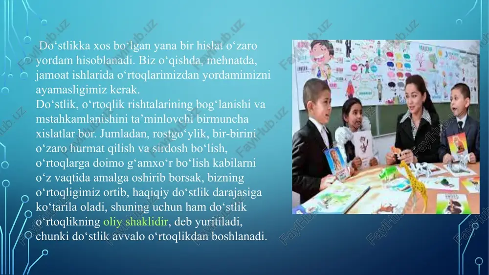 orishi do‘stlikka rahna soladi, uning yemirilishiga olib keladi. do‘stlik o‘rnini dushmanlik, g‘arazgo‘ylik egallaydi. ota-bobolarimiz do‘stlikni yuqori darajada qadrlashgan. do‘sti yo‘q odamni qurigan daraxtga, jisman mavjud bo‘lsa ham qalbini o‘lik murdaga o‘xshatishgan. do‘sti ko‘p odamni hurmat qilishgan. do‘st orttirish uchun mehnat qilish, birovlarning yukini ko‘tarib mushkulini oson qilish kerakligini uqtirishgan. «bir-biringizga hayr-ehsonli, mehr-muhabbatli bo‘lib, qo‘l berib so‘rashib yuringlar, shunda dillaringizdagi g‘illu g‘amlik ketadi» do‘stlik-birodarlikning eng yaxshi hislatlaridan biri kishilarga mehr-shafqatli bo‘lishni anglatadi. masalan, bir sinfda o‘qiydigan o‘rtoqlarimizdan biri betob bo‘lib qoldi yoki xonadonida biror ko‘ngilsizlik ro‘y berdi deylik, shunday paytda darhol hol-ahvol so‘rab, dardiga malham bo‘la olsak, nur ustiga a’lo nur bo‘ladi. buning natijasida kishilar o‘rtasida yaqinliq mehr-oqibat ortib boradi. do‘stlikka xos bo‘lgan yana bir hislat o‘zaro yordam hisoblanadi. biz o‘qishda, mehnatda, jamoat ishlarida o‘rtoqlarimizdan yordamimizni ayamasligimiz kerak. do‘stlik, o‘rtoqlik rishtalarining bog‘lanishi va mstahkamlanishini ta’minlovchi birmuncha xislatlar bor. jumladan, rostgo‘ylik, bir-birini o‘zaro hurmat qilish va sirdosh bo‘lish, o‘rtoqlarga doimo g‘amxo‘r bo‘lish …