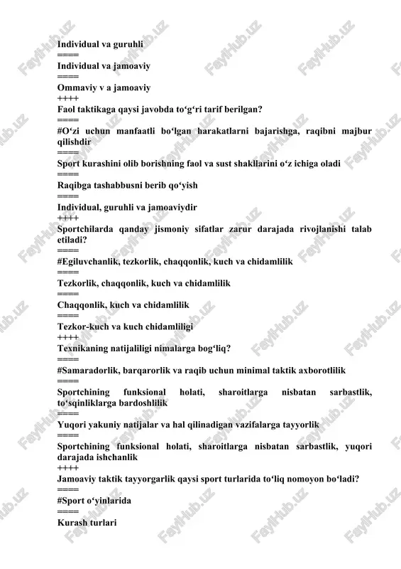 obaqa uslubi. ==== oʻyin uslubi. ==== standart mashq uslubi. ++++ tanlangan sport turida murabbiy tomonidan olib boriladigan, pedagogik ixtisoslashtirilgan sport takomillashuvi jarayoniga nima deb ataladi ? ==== #sport mashgʻuloti ==== sport musobaqasi ==== sportchini tayyorlash tizimi ==== sport turida shugʻullanish jarayoni ++++ sport mashgʻulotining maqsadi nima? ==== #sport turi boʻyicha oʻyin malakalariga oʻrgatish, ularni takomillashtirish, yakka, guruh va jamoa boʻlib texnik hamda taktik harakatlarni oʻzlashtirish ==== sport turi bopyicha jismoniy, funksional tayyorgarlikni taraqqiy ettirish ==== sihat-salomatlikni tarbiyalash ==== manaviy, ruhiy xislatlarni tarbiyalash ++++ sportni tor ma’noda qanday ta’riflash mumkin? ==== #shaxsiy musobaqa faoliyati ==== shaxsiy tayyorgarlik faoliyati ==== shaxsiy trenirovka faoliyati ==== shaxsiy taktik faoliyat ++++ sportning ta'rifi qanday? ==== #ingliz tilidan olingan soʻz boʻlib, daraxt kurtaklarining bir-biridan oʻzib oʻsishidir ==== doʻstona aloqalar oʻrnatish ==== sport - davlat elchisi ==== rekordlarni yangilash ++++ sport mashgʻulotlarining asosiy tushunchalari keltirilgan qatorni toping? ==== #sport, sport musobaqalari, sport tayyorgarligi, sport mashgʻuloti ==== musobaqa, …