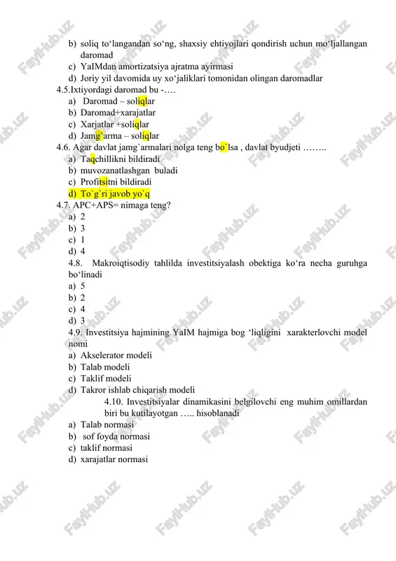 t. 1. “o`zbekiston respublikasi investitsiya siyosati” mavzusida esse yozing. 2. quyidagi atamalarga tarif yozing: oraliq kesma vertikal kesma iste 'mol jamg'arma investisiya 3. quyidagi savollarga javob yozing: 3.1. makroiqtisodiy muvozanat to‘g‘risida klassik nazariyaning mohiyatini tushuntirib bering. 3.2. keynsning makroiqtisodiy muvozanat nazariyasi mohiyati nimada va klassiklar nazariyasidan prinsipial farqlari nimada? 3.3. avtonom xarajatlar deganda nimani tushunasiz? 4. quyidagi testlarni ishlang: 4.1. bozorlar va baholarning umumiy muvozanati nazariyasini yaratgan maktab nomoyondalari. a) klassik maktab namoyondalari b) neoklassik maktab namoyondalari c) keynschilik maktab namoyondalari d) kapitalizm maktab namoyondalari 4.2. klassik maktab nomoyondalarining umumiy muvozanat konsepsiyasiga ko‘ra iqtisodiyotda faqatgina.... sharoitdagina muvozanat mavjud bo‘lishi mumkin. a) pul emissiyasi b) to‘liq bandlik c) soliqlar oshirilgan d) kreditlar ajratilgan 4.3. pul massasi real ishlab chiqarishga hech qanday ta‘sir ko‘rsatmaydi degan prinsipga asoslanib tuziladigan model a) talab modeli b) takror ishlab chiqarish modeli c) klassik makroiqtisodiy muvozanat modeli d) taklif modeli 4.4. makroiqtisodiy muvozanatga to‘liq bo‘lmagan bandlik sharoitida …