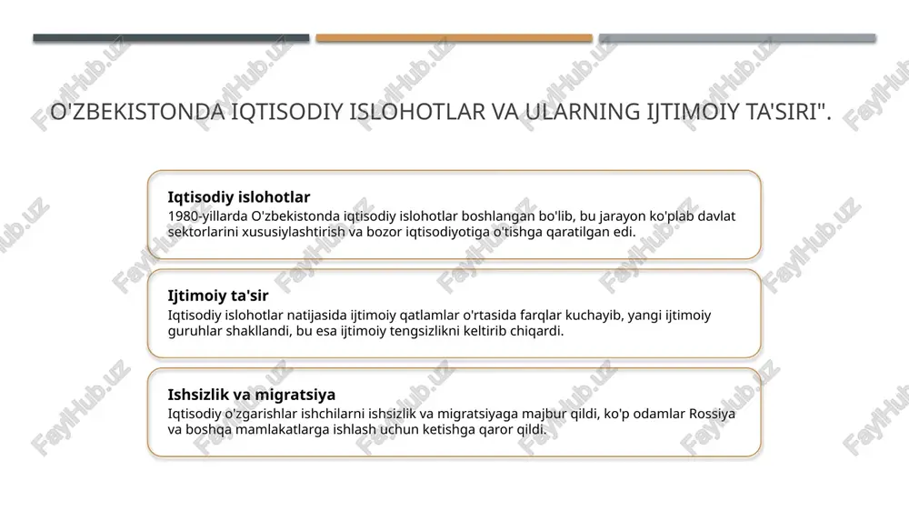 tivizm". 1 gorbachev islohotlari - gorbachevning islohotlari, xususan, "glasnost" va "perestroika", o'zbekistonda siyosiy va ijtimoiy ochiqlikni ta'minlashga yordam berdi. 2 siyosiy aktivizm - o'zbekistonda gorbachev davrida siyosiy aktivizm kuchayib, yangi partiyalar va harakatlar, masalan, "birlik" va "erk", paydo bo'ldi. 3 ijtimoiy o'zgarishlar - gorbachevning islohotlari natijasida, o'zbekistonda ijtimoiy o'zgarishlar ro'y berdi, xalq o'z huquqlari uchun kurashni boshladi, mustaqillik yo'lida birlashdi. qayta qurish davrida o'zbek madaniyatidagi o'zgarishlar: yangilanish va rivojlanish. 1 o'zbek san'ati qayta qurish yillarida o'zbek san'atida yangilanishlar yuz berdi, zamonaviy uslublar va an'anaviy elementlar uyg'unlashdi, ko'plab san'atkorlar yangi ifoda usullarini qidirdi. 2 adabiyotdagi o'zgarish o'zbek adabiyotida qayta qurish jarayonida yangi mavzular va janrlar paydo bo'ldi, yozuvchilar ijtimoiy muammolarni yoritishga kirishdi, bu esa ijodiy erkinlikni oshirdi. 3 madaniy tadbirlar qayta qurish davrida o'zbekistonda madaniy tadbirlar ko'paydi, festivallar va chiqishlar orqali xalq badiiy ijodda ishtirok etdi, milliy madaniyatni saqlab qolish uchun harakatlar kuchaydi. 4 milliy identitet o'zbek madaniyatida milliy identitetni rivojlantirish …