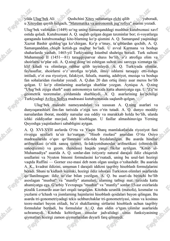 bosilgan. ulugʻbek undan keyin bir yilni 365 kun, 5 soat, 49 daqiqa va 15 sonya deb belgilagan. ulugʻbek ushbu hisobida faqatgina 25 soniya xato qilgan ekan. undan boshqa ulugʻbek yer yuzini oʻrtalik kajligini 23.52 daraja deb belgilagan va bu yuz yillar davomida eng toʻgʻri va aniq oʻlcham deb topilgan. uchburchaklar bilimida esa ulugʻbek soya va tanjont qimatlarini sakkiz oʻnlik kasr va sakkiz xona aʼshoryagacha aniq belgilagan. ulugʻbek davrida koʻpgina asarlar arab va fors tilidan eski oʻzbek tiliga tarjima qilingan. u tashkil etgan boy kutubxonada 15000 dan ortiq kitob boʻlgan. otasi shohrux mirzo oʻlimidan keyin ulugʻbek balxga yurish qildi, chunki mirzo alavuddavla ibn boysunqur mirzo hirotdagi temuriylar hukmdorligiga daʼvogarlik qilgan edi. murgʻobda boʻlib oʻtgan ushbu toʻqnashuvda ulugʻbek gʻolib boʻlib hirot tomon harakat qildi, ammo alauddavlaning akasi mirzo abul qosim babur bilan boʻlgan toʻqnashuvda magʻlubiyatga uchrashib, balxga qaytib kelgach oʻz oʻgʻli abdullatifni fitnasi tufayli 1449-yilda oktyabrning 27-sanasida, yaʼni 55 yoshida samarqand yaqinida …
