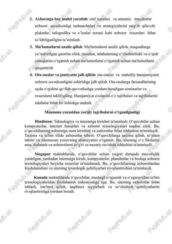 ilmagan. o‘quvchilarni texnologik rivojlanishlar, ma'lumotlar bazasi va axborotlar xizmatlaridan foydalanishga tez-tez tayyorlash. bu, ularning so‘nggi axborotlardan xabardor bo‘lishini va o‘z fikrini ifodalashini ta'minlaydi. tezroq internet ulashishini ta'minlash va tarmoq ustida ishlash imkoniyatlarini oshirish uchun soxa ta'minotlarni rivojlantirish, projektorlar, interaktiv doskalar va audio video qurilmalar orqali ta'lim jarayonini amalga oshirish 2. ko'p yillik rivojlanish va iqtisodiy imkoniyatlarning chegaralanishi bilan, o'zbekiston maktablarida ko'proq kompyuterlar o'rnatilmoqda. bunday kompyuterlar o'quvchilarga ma'lumotlarga tez kirish imkoniyatini ta'minlaydi. qandaydir maktablarda interaktiv doskalar, projektorlar va internetga ulanish imkoniyatini ta'minlash uchun dastlabki qurilmalar mavjud bo'lib,ular o'quvchilarga ma'naviyatni oshirishlari mumkinnachalo formikonets formi singapur maktablarida, o‘quvchilar uchun yuqori darajada muvofiqlik yaratilgan, jumladan internetga kirish, kompyuterlar, planshetlar va boshqa axborot texnologiyalari boyicha resurslar ta'minlanadi. bu, o‘quvchilarning axborotlardan foydalanishini va ularning texnologik qobiliyatlari rivojlantirishini ta'minlaydi. stem (fanlar: fanlar, texnologiya, injinerlik va matematika) dasturlarini rivojlantirish: maktabda yangi dasturlar va stem fanlariga yo'naltirilgan ta'limni rivojlantirish uchun kompyuter ta'minotlari, laboratoriya asboblar va muhitni ta'minlash. 3. o'qituvchilarga …