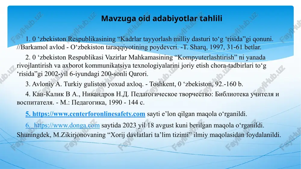 gatish. bu, ularning o‘z fikrlarini aniq ifodalash va axborotlarni to‘g'ri va nazariy ravishda ishlashini ta'minlaydi. singapur maktablarida, o‘quvchilar uchun yuqori darajada muvofiqlik yaratilgan, jumladan internetga kirish, kompyuterlar, planshetlar va boshqa axborot texnologiyalari boyicha resurslar ta'minlanadi. bu, o‘quvchilarning axborotlardan foydalanishini va ularning texnologik qobiliyatlari rivojlantirishini ta'minlaydi. kanada maktablarida o‘quvchilar, mustaqil o‘rganish va o‘zgaruvchan ta'lim texnologiyalaridan foydalanish imkoniyatiga ega. bu, ularning axborotlar bilan ishlash, iste'mol qilish, taqdimot tayyorlash va so‘zlashish qobiliyatlarini rivojlantirishga yordam beradi. axborot va kommunikatsiya texnologiyalari (akt), tarixiy boylik, tarixiy boylik, ma'naviy tarbiya:, maqsadli foydalanish, jamoa bilan bog'lanish. axborotdan foydalanish madaniyati tarbiyaviy maqsadlarga ega bo‘lib, fuqarolar huquqlarini himoya qilish, shaxsiy rivojlantirish va jamoa a'zolari bilan maslahatlashishning o‘rganishida o‘qitishga e'tibor qaratadi. o‘zbekiston o‘quvchilarni texnologik rivojlanishlar, ma'lumotlar bazasi va axborotlar xizmatlaridan foydalanishga tez-tez tayyorlash. bu, ularning so‘nggi axborotlardan xabardor bo‘lishini va o‘z fikrini ifodalashini ta'minlaydi. kanada maktablarida o‘quvchilar, mustaqil o‘rganish va o‘zgaruvchan ta'lim texnologiyalaridan foydalanish imkoniyatiga ega. bu, ularning axborotlar bilan ishlash, …