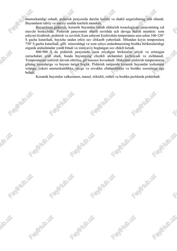 rim kuruk usulda koliplanadi. bunday usulda plastikligi past, kam gilli xom ashedan gisht va boshka buyumlar tayyorlash mumkin. yarim kuruk usulda koliplashning plastik usulga nisbatan afzalligi-namligi kam (8-12%) gil massasi ishlatiladi, bu xom ashyoning kurish muddatini ancha kichkartiradi. buyumlarni kuritish. koliplangan buyumlarning namligini kamaytirish uchun ularni kuritish zarur. masalan xom gisht 8-10% namlikkacha kuritiladi. kuritish xisobiga buyumning mustaxkamligi oshadi, pishirish jarayonida darzlar ketishi va shakli uzgarishining oldi olinadi. buyumlarni tabiiy va sunxiy usulda kuritish mumkin. buyumlarni pishirish. keramik buyumlar ishlab chikarish texnologiyasi jarayonining xal etuvchi boskichidir. pishirish jarayoonini shartli ravishda uch davrga bulish mumkin: xom ashyoni kizdirish, pishirish va sovitish.xom ashyoni kizdirishda temperatura asta-sekin 100-120o s gacha kutariladi, buyicha undan erkin suv chikarib yuboriladi. shundan keyin temperatura 750o s gacha kutariladi, gilli mineraldagi va xom ashyo aralashmasining boshka birikmalaridagi organik aralashmalar yonib bitadi va ximiyaviy boglangan suv chikib ketadi. 800-900 s da pishirish jarayonida oson eriydigan birikmalar eriydi va erimagan …
