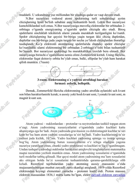 da tarzda taqsimlanishini tushuntirish uchun kvant nazariyani yaratdi. bu nazariyaga muvofiq energiya uzluksiz ravishda ajralib chiqmaydi, balki mayda bo’linmaydigan porsiyalar bilan chiqadi. nurning bu eng kichik porsiyasi kvant deb ataladi. va uning kattaligi tarqalayotgan nurning tebranish chastotasiga bog’liq bo'ladi. nurlanishning kvant nazariyasi asosida n.bor rezerfordning atom tuzilish nazariyasini rivojlantirdi. n.bor nazariyasining birinchi postulatiga ko’ra, elektron yadro atrofida faqat kvantlangan, ya’ni ma’lum energiya darajasiga muvofiq keladigan orbitallar bo’ylab aylanadi. bu orbitallardan qaysi birining elektron bilan band etilishi atomning energiyasiga bog’liq. agar atomning energiyasi minimal qiymatga ega bo’lsa elektron yadroga eng yaqin, birinchi orbita bo’ylab harakat qiladi; atomning bu holatini qo’zg’almagan, normal yoki asosiy holat deyiladi. bu holda elektron yadro bilan eng mustahkam bog’langan bo’ladi. qo’shimcha energiya qabul qilgan atom qo’zg’algan holatga o’tadi. lekin atomning qo’zg’algan holati nihoyatda qisqa muddatlidir (sekundning yuz milliondan bir ulushi vaqtda). elektron uzoq orbitadan yaqin orbitaga o’tganda atom elektromagnit nur chiqarib o’z energiyasini kamaytiradi. n.bor nazariyasining ikkinchi …