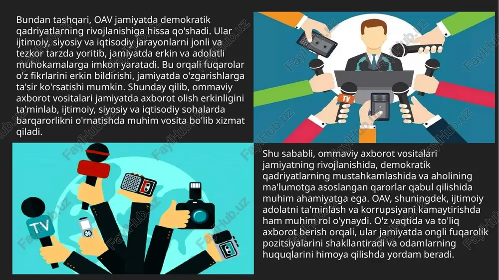 miyatdagi ahamiyatini ta'kidlash, axborot erkinligini rivojlantirish, fuqarolarga to'g'ri va haqqoniy axborot taqdim etishning muhimligini e'tirof etishga xizmat qiladi. oavni tartibga soluvchi qonunchilik o'zbekistonda oavni tartibga soluvchi qonunchilik sohasida ham o'zgarishlar amalga oshirilmoqda. yangi qonunlar va normativ hujjatlar ommaviy axborot vositalarining faoliyatini tartibga solish va erkinligini ta'minlashga xizmat qilmoqda. misol uchun, o'zbekiston konstitutsiyasida axborot olish huquqi kafolatlangan va bu huquqni amalga oshirishda oav muhim vosita bo'lib xizmat qiladi. biroq, ba'zi hollarda oavga nisbatan davlat tomonidan ta'sirlar mavjud bo'lib, bu erkin axborot almashinuvi va jurnalistlarning ishini qiyinlashtirishi mumkin. siyosiy islohotlar va erkin axborot almashinuvi o'zbekistonda so'nggi yillarda amalga oshirilgan siyosiy islohotlar oav sohasining rivojlanishiga katta turtki berdi. prezident shavkat mirziyoyevning 2017-yilda o'zbekiston respublikasida oavning erkin faoliyat yuritishini ta'minlashga qaratilgan siyosati joriy etildi. bu islohotlar davlat tomonidan axborot vositalarining mustaqilligini qo'llab-quvvatlash, sensurani kamaytirish va axborot erkinligini ta'minlashga qaratilgan qator chora-tadbirlarni o'z ichiga oladi. bu esa o'zbekistonda oav ning rivojlanishiga va xalqning fikrlarini erkin …