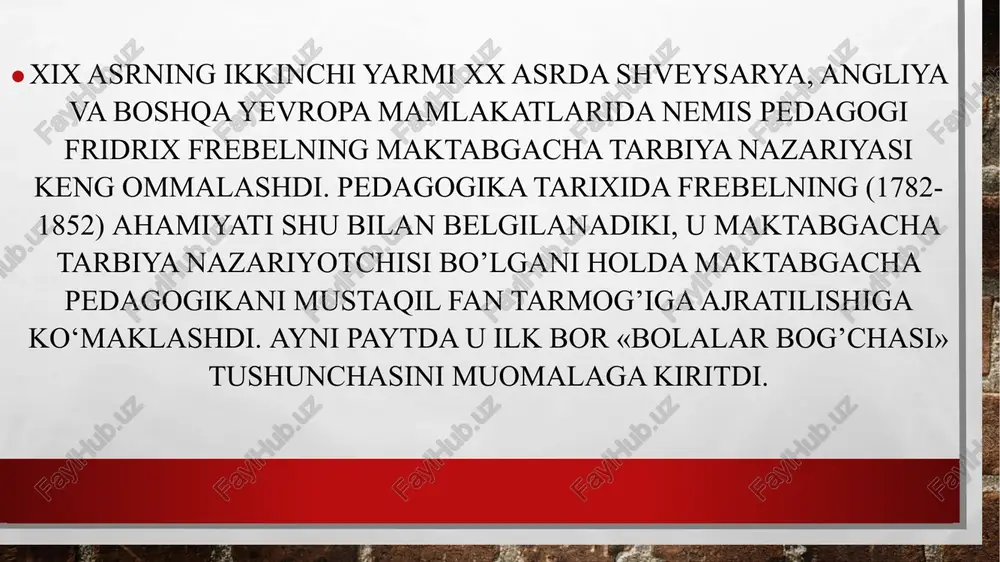 zdeva, y.n.medinskiy, i.f.svadkovskiy roli katta bo'ldi. maktabga­cha pedagogika bo'yicha dastlabki qo'llanma ilk yosh peda­gogikasi va maktabgacha ta'lim bo'yicha metodik xatlar” 1928-yilda xalq maorifi komissarligi tomonidan "doshkolnoe vospitanie" jurnali nashr etildi. bu jurnal o'z ichiga quyidagi bo'limlar: maktabgacha ta’lim nazariyasi va amaliyoti maktabgacha ta’lim muassasalarini tashkil etish va jihozlash metodik ishlar (kutubxona, bolalar adabiyoti, metodik qo'llanmalar) chet ellarda maktabgacha ta'lim tizimi ilg'or ish tajribalaridan namunalar maktabgacha ta’lim pedagoglari uchun maslahatlardan iborat bo'lgan. xx asrning 40 - 50 yillarida hukumat nigohi birinchi navbatda maktabgacha ta’lim muassasalari qurilishiga, bolalar qamrovini oshirishga shu bilan birgalikda sanoatga ayol-qizlarni tobora ko‘proq yo‘naltirishga qaratildi. yuqoridagi ishlar amalyotga tatbiq etilishi barobarida, endilikda bu muassasalarda ta’lim tarbiya jarayonini to‘g‘ri tashkillashtirib, chinakam “sovetcha mafkura”ga ega avlodni tarbiyalash uchun muayyan dastur lozim edi. o‘zbekiston ssr maorif ministrligi tomonidan dastlab 1933 yilda me’yoriy dastur ishlab chiqildi. ammo, ushbu dastur bir talay kamchiliklarga ega edi. qolaversa, undagi ayrim qoidalar zamonga qarab o‘zgartirishni taqazo …