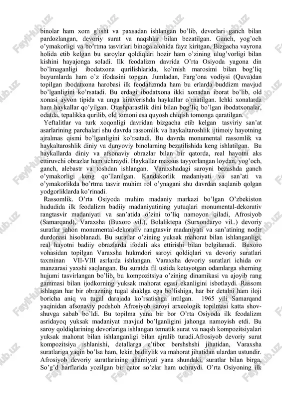 uchratish mumkin. masalan ermitajda saqlanayotgan (rasm)«ko’rgonni kamal qilish» tasviri tushirilgan kumish laganda qo’rg’on qo’rinishi aks etirilgan.keshk me’morligi keyingi monumental memorligi, saroy qurilishi madaniyati va san’atiga katta ta’sir o’tkazildi. m. friz, devorlarni gofrlash, tom tepasiga polmetka-dekorativ shakllar berishni, ularning ichki xona va dalonlari serbezak bo’lib naqsh va mavzuli rasmlar, dumaloq haykal va releflar bilan bezatilishi keyingi me’morlikda o’z ifodasini topdi. bu davrda xorazmdagi burgut qala, tuproq qalalar ham yanada serhashamlikka xirs qo’ydi burgut qaladagi otashparaslarning ibodatxonalari, tuproq qaladagi ibodatxonalar xorazm shohlarining rasmlari bilan boyidi.bu erdagi bozor maydoni va shahar ibodatxonasi davr ruhi bilan boyidi. turk xoqonligi davri me’morligi haqida gapirilganda shuni aytish mumkinki, bu xoqonlik markaziy osiyoga rivojlangan yoki rivojlanishning yangi bosqichiga ko’tarila boshlagan davrda kirib keldi.. xoqonlik davri madaniyati va san’ati, jumladan uning me’morligi eftalitlar davri an’analarini rivojlanishi bilan bog’liq bo’ldi. xoqonlik davrida feodal ko’shk va saroylari, zodagonlarning shahar va shahardan tashqaridagi uylari o’zining rivojlanishini avvalgi davr an’analarining o’zluksiz davomi …