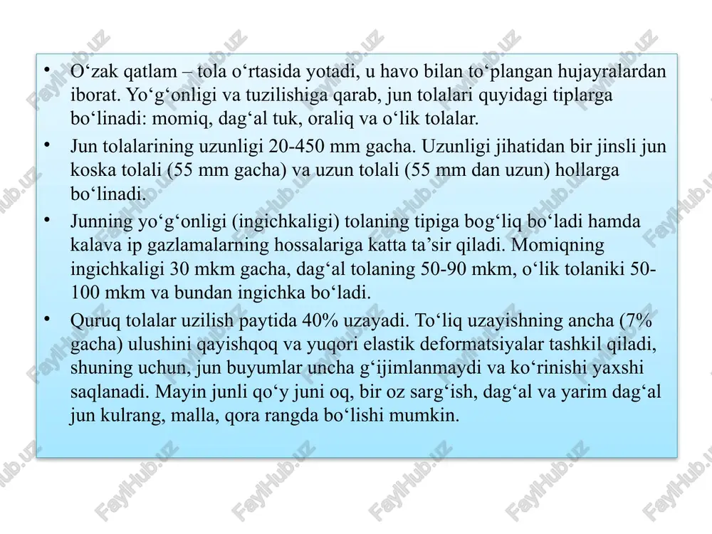 igiruv eritmasini hosil qilish, tolani shakllantirish va pardozlash. mineral tolalardan boshqa barcha tolalar yigiruv eritmalari deb ataladigan eritma yoki suyuqlanmalardan olinadigan. tolalar ip shaklini berishda yigiruv eritmasi filg‘er deb ataladigan maxsus qalpoqchalarning mayda teshiklaridan kuch bilan o‘tkaziladi. filg‘erlar yigiruvchi mashinalarda kimyoviy tolalarga shakl beradigan ish organlari hisoblanadi. filg‘erlar qimmatbaho metallardan tayyorlanadi. filerlardan chiqayotgan yigiruv eritmasi oqimlari qotib ipga aylanadi. eritmalaridan ip olishda ular cho‘ktirish vannasida ho‘l muhitda qotish mumkin, bunday usul ho‘l usul deb ataladi. eritma oqimlarini quruq muhitda qaynoq havo bilan qotirish usuli ham bor, bu usul quruqusul deyiladi. sun’iy tolalar. viskoza tolalar. viskoza tolalar ho‘l usulda olinadi. bunda xom-ashyo sifatida barcha archa, qarag‘ay, oq qarag‘ay, qora qayin yog‘ochdan olinadigan yog‘och sellyulozasi ishlatiladi. sellyuloza – qog‘oz kombinatlarida yog‘och 7mm gacha kattalikdagi payraxalarga maydalanadi va ishqor eritmasida qaynatiladi. natijada kulrang sellyuloza massasi hosil bo‘ladi. bu massa oqartiriladi va karton listlari tarzida presslanadi. sellyuloza ksatogenati 4-5%li qo‘yuvchi natriy eritmasidan eritilgandan qovushqoq …