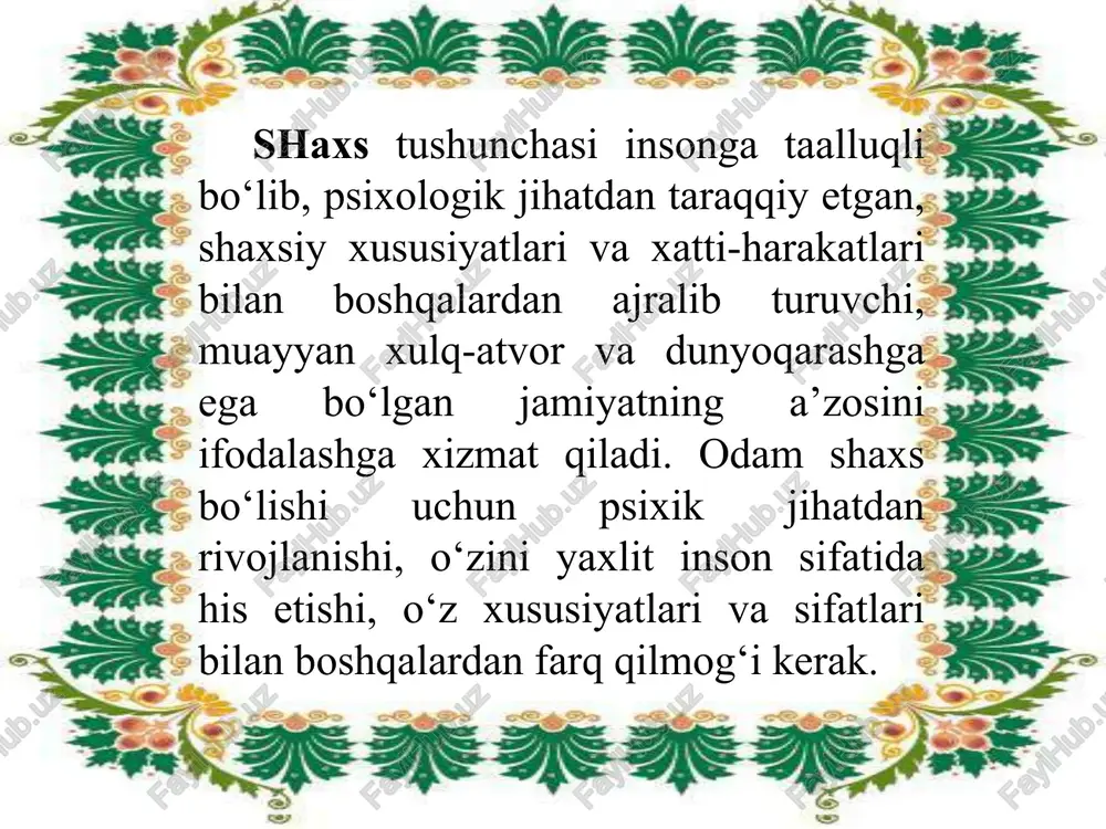 i kuchli bo‘ladi. yosh davrlar go‘daklik davri - chaqaloqlik (1 oy) davri tugagandan to bir yoshgacha bo‘lgan davr. 4. kichik maktab yoshidagi o‘quvchilar (bolalar)—7 yoshdan 11,12 yoshgacha. 6. katta yoshdagi maktab o‘quvchilari (o‘spirinlar) — 16—18 yosh. 2.bog‘chagacha bo‘lgan yosh davri — 1 yoshdan 3 yoshgacha. 3. maktabgacha bo‘lgan yosh davri — 3 yoshdan 7 yoshgacha. 5.o‘rta maktab yoshidagi o‘quvchilar (o‘smirlar) — 14—15 yosh. etiboringiz uchun rahmat! image2.jpeg image3.jpeg image4.jpeg image5.jpeg image6.jpg image7.jpeg image8.jpg image9.png image10.jpeg image11.emf image12.jpg image13.jpeg image14.jpeg /docprops/thumbnail.jpeg