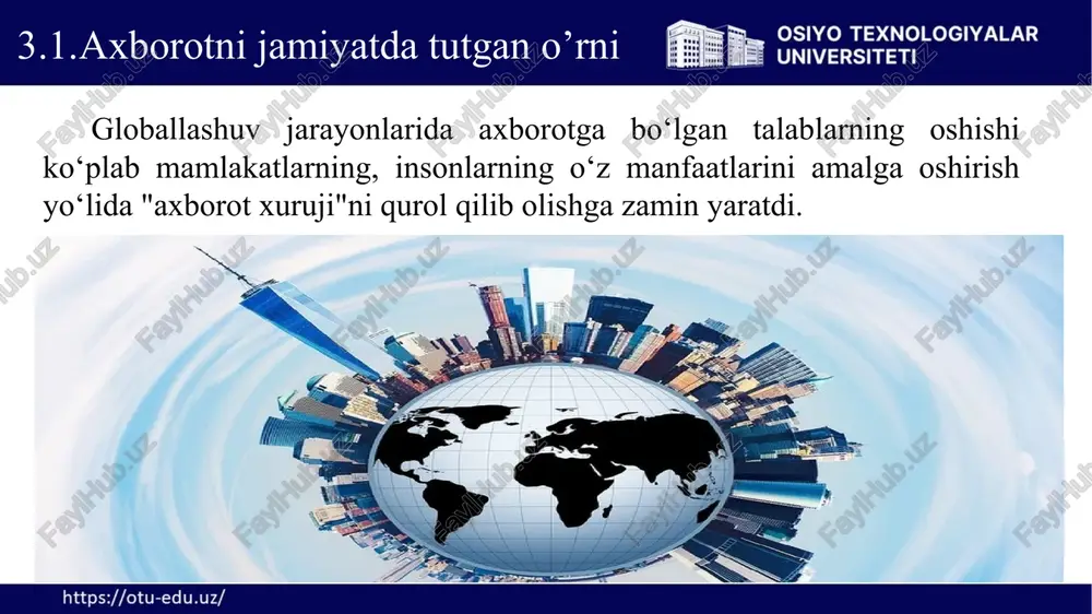 uch keladigan va ularning ruhiyatiga so’z­siz salbiy ta’sir etishi mumkin bo’lgan tahdidlarning asosiy turlari tasniflanib berildi. mazmunan zo’ravonlik, yovuzlik, hayo­sizlik, axloqsizlik, internetdagi qimor o’yinlar, narkotik moddalar to’g’risida axborot, huquqbuzarlik, irqiy nafratla­nishga oid sayt va materiallarga (foto, video, audio va bosma materiallar) oson kira olish imkoniyati. 3.4.virtual olamdagi xavf-xatarlar va tahdidlar 2.notanish kishilar bilan elektron pochta, ijtimoiy tarmoqlar va turli shubhali forumlar vositasida muloqotlar qilish, turli yozishmalarni amalga oshirish. bolalar internetdan foydalanganda duch kelishi mumkin bo’lgan holatlar, ya’ni nazorat qilinmaydigan jarayon internet orqali xarid qilish va onlayn o’yinlarda nazoratsiz vaqt o’tkazish 3.4.virtual olamdagi xavf-xatarlar va tahdidlar kompyuter virusi — zararli dastur turi bo’lib, o’zining nusxalarini yarata oladi va boshqa dasturlar kodiga kirib, turli aloqa kanallari orqali o’zining nusxalarini tarqata oladi. virusning maqsadi — kompyuterni ishdan chiqarish, fayllarni o’chirish, foydalanuvchi ishini to’sish va h.k. 3.5. kompyuter virusi spam, fishing. josuslik dasturlari — kompyuterga uning konfiguratsiyasi, foydalanuvchi, uning faoliyati haqidagi ma’lumotlarni to’plash uchun …