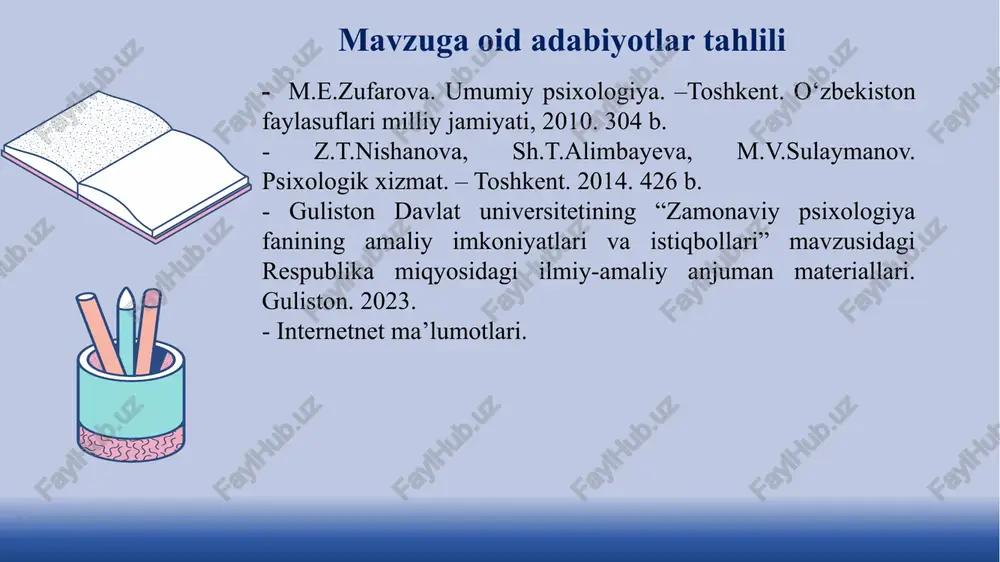 atlar, shaxsiy gigiyena va sog‘lom turmush bo‘yicha tavsiyalar berib borish 3 4 5 samarali ish olib borayotgan va maktabda sog‘lom muhit yaratilishida ijobiy ishlar olib borayotgan maktab psixologiga jamoa shartnomasiga ko‘ra qo‘shimcha ustamalar berish amaliyotini yo‘lga qo‘yish o‘quv yili oxirida maktab psixologini sog‘lomlashtirish sanatoriyalariga yuborish 6 11 har bir jamoa rahbari jamoada inson psixologiyasidan xabardor bo‘lgan holda ish olib borsa, a’zolarining qobiliyatlarini, ishga munosabatlarini hisobga olsa jamoada jipslik o‘zaro hurmat, mehnatsevarlik, bir-birini qo‘llab – quvvatlash kabi psixologik xususiyatlar o‘zining samarasini beradi. rahbar demokratik yo‘l tutsa ishda topshiriqlar berganda ishchilarning shaxsiy qobiliyatlarini hisobga olgan holda munosabat bildirsa u xodimlarning shaxsiy moyilliklarini ham hisobga olgan holda topshiriqlar bersa albatta bu jamoada sog‘lom muhit shakllanib boradi. psixolog o‘quvchilar xarakterida mavjud bo‘lgan yutuqlarni rivojlantirish va kamchiliklarni tuzatish, o‘z xatti-harakatlarini kuzatish, tahlil qilish, baholash, o‘zining kayfiyat hamda xulq atvorini boshqarish, ko‘nikma va malakalarni rivojlantirish haqida tavsiyalar beradi. umumiy o‘rta ta’lim maktablarida ish olib borayotgan amaliyotchi …