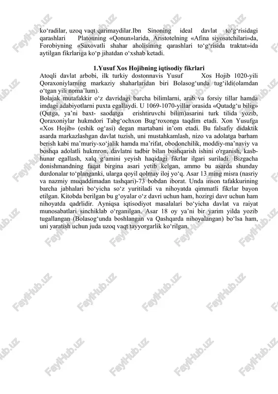 hunday yozadi: “avvalo yer va joylarning ntiqdori, keyin ularning egalari va tutgan o ‘rinlari, so'ngra nihoyatda zarur narsalar bo ‘igan oziq-ovqatlar, ekiladigan yerlar, saroy va shaxsiy uylar miqdori hisobga oiinishi zarur”. forobiy platonning: “taqsimot juda qiyin ish, lekin juda zarur ishdir”, - degan fikrini alohida ko‘rsatib o‘tadi. biz bundan forobiy taqsimot muammosining qiyinligini, uni to‘g‘ri hal etish jamiyat hayotida muhim ahamiyatga ega ekanligini yaxshi tushunganligini ko‘ramiz. abu rayhon beruniy muhammad ibn ahmad - xi asming qomusiy olimi, beruniy juda yoshligidan ilm va fanga qiziqadi. u sevgan fanlar - astronomiya, matematika, geodeziya, geografiya va mineralogiya bo‘lgan. beruniyning matematikaga va fanning boshqa sohalariga qo'shgan hissasini yozib qoldirgan 100 dan ortiq asarlaridan ham ko‘rish mumkin. ulardan eng yiriklari “hindiston”, “qadimiy xalqlardan qolgan yodgorliklar”, “qonuni mas’udiy”, “geodeziya”, “mineralogiya” va “astronomiya”. qolganlarini quyidagicha taqsimlash mumkin: matematikaga doirlari -22 ta; astronomik asboblar haqida -10 ta; astrologiklari -21 ta; turli fanlar (fizika, mineralogiya, adabiyot, tarix va boshqalar) …