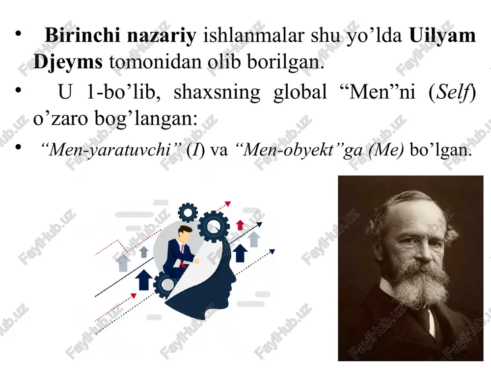 a baho berishi, o‘zini shaxs sifatida anglashi, o‘z xatti-harakatlari, fikrlari va hislari, istaklari va qiziqishlarini anglashidir”. o‘z-o‘zini anglash-bu umuman olganda, shaxs «men» obrazining hosil bo‘lishi demakdir (i.s.kon 1978). ko'pchilik tadqiqotlar shuni ko'rsatadiki, «men» obrazi insonda tez hosil bo‘lmaydi, balki butun umri davomida ijtimoiy ta’sirlar natijasida yuzaga keladi. shaxsning o‘z-o‘zini anglash sohasi — bu «men» obrazining yil sayin o‘zgarib borish jarayoni bo'lib, bu jarayon davomida shaxs dastlab o'zining boshqalardan farqliligini anglash bilan birga, o'zini ko'rsatishga harakat qilish, mustaqil fikr yurita olish qobiliyatini ham anglashga harakat qiladi. undan so'ng shaxsda o'z-o'zini baholash, anglash, nazorat qilish xususiyatlari rivojlanadiki, bular ham faol shaxs psixologiyasining tarkibiy qismi sifatida qaraladi. «men» obrazining asosiy tarkibiy qismi o'zini baholashdir. u.djeymsning original formulasi bo'yicha uni hisoblash ham mumkin. muvaffaqiyat talabgorlik = o’zini baholash yoshlikda o‘z-o‘zini baholash tashqi baholar ostida shakllanadi, bu esa keyinchalik interiorzatsiyalanib (tashqi real faoliyatning ichki timsoliy harakatlarga o’tishi) o'ziga munosabatga aylanadi. «men» obrazi asosida har bir …