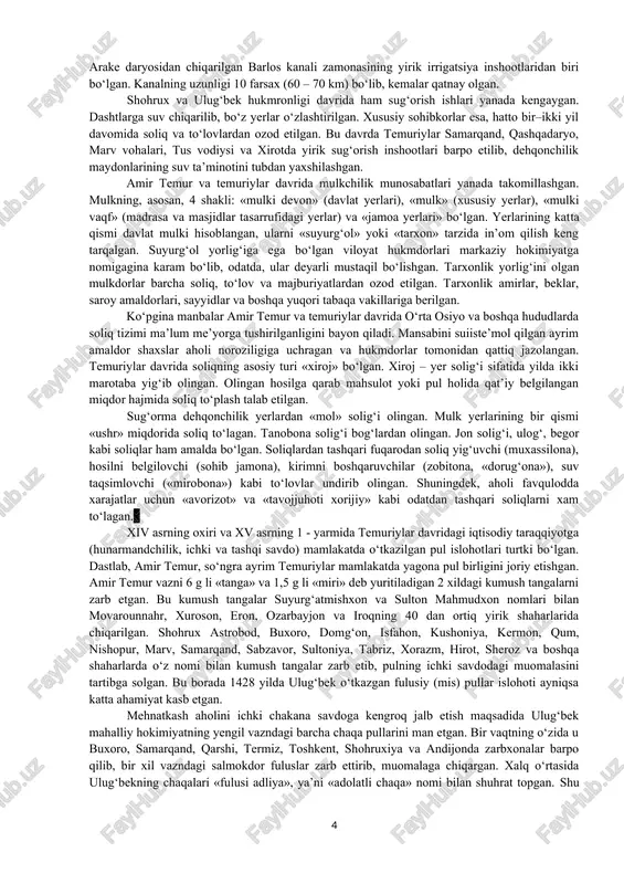 shlar – jamoat binolari va inshootlar qurilishlarida o‘z maslahatlari bilan ko‘mak berishlari so‘ralgan. amir temur dunyo tarixida birinchi bo‘lib jamiyat ijtimoiy tarkibini 12 tabaqaga ajratib, ularning har birining alohida mavqeyi, manfaatlarini, shunga muvofiq keladigan davlat va jamiyatning o‘zaro munosabatlarini belgilab bergan. ular quydagi ijtimoiy toifalardir: · sayyidlar, olimlar va shayxlar · katta tajribaga ega ilmli kishilar · duo qiluvchi taqvodorlar · lashkarning sipohlari, sarhang va amirlar; –––– askarlar va xalq ommasi · dalat boshqaruv ishlarini a’lo darajada biladigan maslahatgo‘y dono va aqlli kishilar · vazirlar, kotiblar, devon boshlig‘i · tibbiyot ahli, munajjim va muhandislar · muhaddislar va muarrixlar · tasavvuf vakillari va oriflar · hunarmandlar va san’atkorlar · ajnabiy sayyohlar va savdogarlar bu ijtimoiy toifalar yoki qatlamlar amir temur davlatining ma’muriy-boshqaruv tizimidagi tartiblar bilan aloqador holda uning harbiy siyosiy xarakterda bo‘lganligini ham ko‘rsatib turibdi. mamlakatning iqtisodiy hayotida dehqonchilik asosiy o‘rin tutgan. shu bois amir temur va temuriylar dehqonchilikning bosh omili …