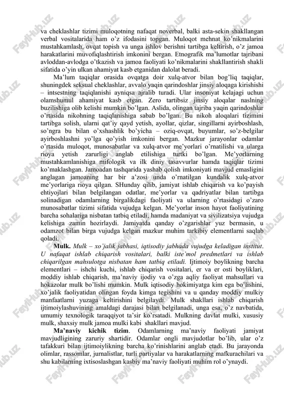 i va rivojlanish jarayonining birligi (ular o’sish, qisqa muddat ravnaq topish va tanazzul bosqichlarini boshdan kechiradi) kabi qonunlar bilan belgilanadi. n.danilevskiyning g’oyalari keyinchalik shpengler va toynbi kontseptsiyalarida rivojlantirildi, lekin ularning ilmiy asoslarini p.a.sorokin taklif qildi. p.a.sorokin (1889-1968). taniqli faylasuf p.a.sorokin tarix falsafasining rivojlanishiga kuchli ta’sir ko’rsatdi. u jamiyatga individlar va ijtimoiy guruhlarning o’z ehtiyojlarini qondirishga qaratilgan faoliyati bilan belgilanadigan bir-biri va jamiyat bilan o’zaro munosabatlari natijasida vujudga keladigan integral yaxlitlik sifatida qaragan. p.a.sorokin jamiyatni gorizontal, vertikal yo’nalishlarda va fluktuatsiya (tebranish) tarzida murakkab harakatda bo’lgan ijtimoiy-madaniy tizimlarning rang-barangligini tan olish nuqtayi nazaridan tavsiflagan. p.a.sorokin sotsiologiyasida o’tmish va hozirgi sotsiologiya fanining muhim g’oyalari uyg’un birlikda jamlangan va ifodalangan. jamiyatning vujudga kelishiga doir qarashlar. jamiyatning vujudga kelishi haqida ajdodlarimiz hayotining arxeologlar topgan va odamlarning ko’plab avlodlari bosib o’tgan murakkab va fojialarga to’la tarixiy yo’ldan dalolat beradigan izlarga qarab xulosa chiqarish mumkin. shunga qaramay inson va jamiyat kelib chiqishining to’liq manzarasi fanda hanuzgacha yaratilmagan. …