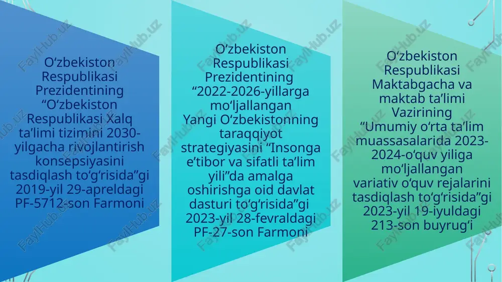 m sezilarli ta’sir o‘tkazgan. germaniya to‘liqsiz o‘rta maktablarida asosiy predmetlar bilan bir qatorda tanlab olinadigan kimyo, fizika, chet tillari kiritilgan o‘quv dasturlari ham amalga oshiriladi. bu o‘quv dasturi tobora to‘liqsiz o‘rta maktab doirasidan chiqib, o‘rta maktablar va gimnaziyalarni ham qamrab olmoqda. fransiya boshlang‘ich maktablarida ta’lim mazmuni ona tili va adabiyoti hamda matematikadan iborat asosiy, tarix, geografiya, aholishunoslik, tabiiy fanlar, mehnat ta’limi, jismoniy va estetik tarbiya kabi yordamchi predmetlarga bo‘linadi. qiyosiy tahlil o‘zbekistonda horijda 1. variativ o‘quv rejalar 2019-yilan amaliyotga joriy qilina boshladi aqsh da 1960-yildan, buyuk britaniya va fransiyada 1970-yillardan qo‘llanila boshlangan 2. variativ o‘quv rejalar 7-sinfdan boshlab o‘qitiladi aqsh da boshlangich sinflardan boshlab salohiyatiga qarab sinflarga ajratiladi, 7-sinfdan boshlab o‘quvchilar o‘qiydigan fanlarini mustaqil tanlashlari mumkin. buyuk britaniya va fransiyada 6 sinfdan boshlanadi 3. majburiy fan ulushi 70 % o‘zgaruvchan fan ulushi 30 % amerikada: majburiy fan ulushi 68 % o‘zgaruvchan fan ulushi 32 % britaniyada: majburiy fan ulushi 0 …