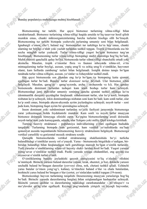 sa-da, bunda miqdor oshgan sari populatsiya zichligi ortmaydi. populatsiya zichligining ortishi nasl qoldirishning pasayishi, o‘limning ko‘payishi, rivojlanish tezligining o‘zgarishi bilan kechadi. populatsiya zichligining haddan tashqari ortishi ko‘p hollarda kannibalizm (o‘z turiga mansub organizmlarni yeb qo‘yishi) hodisalarini keltirib chiqaradi. miqdorni boshqarishning populatsiya ichidagi muhim mexanizmlaridan biri emigratsiya - populatsiya bir qismi arealning boshqa joylariga ko‘chib o‘tishi sanaladi. jinsiy tarkibi. ko‘pgina turlarda jinsni aniqlashning genetik mexanizmi jinslarning birlamchi nisbati - avlodda jins bo‘yicha 1:1 nisbatda ajralishni ta’minlaydi. erkak va urg‘ochi organizmlar yashovchanligining farq qilishi evolutsiya jarayonida shakllangan belgi bo‘lib, shu sababli populatsiyada bunday nisbat har doim ham kuzatilmaydi. birlamchi nisbat yoshi katta individlarga xos bo‘lgan nisbatdan farq qiladi. populatsiyada jinslar nisbati, ayniqsa, 18-rasm. populatsiyaning yosh tarkibi: a - o‘sib borayotgan populatsiya; b - barqaror populatsiya; c - kamayib borayotgan populatsiya. urchiyotgan urg‘ochilar hissasi populatsiya miqdorining keyingi o‘sishida katta ahamiyatga ega. jinsiy tarkib tahlili asosida populatsiya miqdorining keyingi o‘zgarishlarini bashorat qilish mumkin. masalan, …