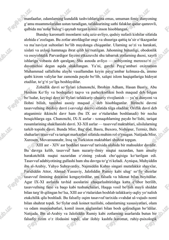 an po‘stin kiyib yurishni odat qilganlari uchun ularni jun kiyimlilar (forschasi pashminapo‘sh), ya’ni so‘fiy deb yuritganlar. bizningcha, shu keyingi etimologik ma’no haqiqatga yaqinroqdir, zero, so‘fiy so‘zining «suf» so‘zidan yasalishi arab tili qonun-qoidalariga mos keladi. agar «suf» so‘zidan so‘fiy yasalgan bo‘lsa, o‘z navbatida, «sufiy»dan «tasavvuf», «mustasuf», «muttasuf», «mutasavvif» so‘zlari hosil bo‘lgan. mustasuf o‘zini so‘fiylarga o‘xshatib, taqlid qilib yuradigan, ammo asl maqsadi amal-mansab, molu mulkka intilishdan iborat bo‘lgan kishilarga nisbatan ishlatilgan so‘z bo‘lsa, mutassuf tariqat va haqiqatda muayyan manzillarni egallagan, biroq so‘fiy darajasiga ko‘tarila olmagan kishidir. qalban so‘fiyona g‘oyalarga moyil, tasavvufni e’tiqod — maslak qilib olgan, lekin tariqat amaliyotini o‘tamagan, rasman so‘fiy bo‘lmagan odamlar esa mutasavvif hisoblanganlar. husayn voiz koshifiy “futuvvatnomai sultoniy” nomli asarida (a.qodiriy nomidagi xalq merosi nashriyoti, 1994. tarjima bizniki.-n.k.) so‘fiylarning o‘zini ham uch guruhga ajratgan: muoshirlar, mutarassimlar, muhaqqiqlar. muoshirlar — tariqat ahlining muxlislari. ular darveshlarga muhabbat bilan qaraydilar, darveshlar suhbatida ishtirok etadilar, ularning xizmatlarini bajaradilar va savobga o‘zlarini sherik …