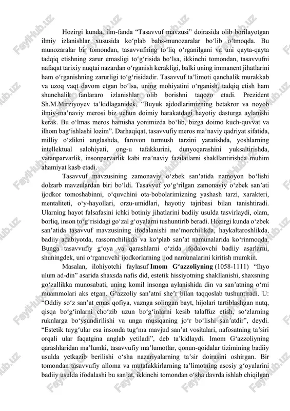 adi. endilikda bu so‘zning «suf» (jun chopon) so‘zidan kelib chiqqanligi haqidagi o‘rta asr musulmon olimlari ta’kidlagan fikr umumqabul qilingan fikr hisoblanadi. chunki sufiylarning asosiy belgilari ularning dag‘al jundan kiyim kiyishlari edi. shimoliy arabiston va suriyada xristianlikning turli sektalariga mansub jahongashta monax va anaxoretlar «sufiy» deb atalar edi, degan ma’lumotlar ham bor. tasavvufga asos bo‘lgan tarkidunyochilik kayfiyati deyarli islom bilan bir davrda yuzaga keldi. sufiylikning ilk namoyandalari deb payg‘ambarning abu dardo, abu zarr, huzayfa (vafotlari vii asrning ikkinchi yarmi) kabi sahobalari hisoblanadi. ammo islomdagi mistik-asketik oqimning shakllanishi viii asrning o‘rtalari-ix asrning boshlariga tegishli. bu davrda sufiylar qatoriga muhaddislar, qorilar, qussoslar, vizantiya bilan chegara urushlarida qatnashgan jangchilar, kosiblar, tijoratchilar, jumladan, islomni qabul qilgan xristianlar kirganlar. bu davrda sufiy yoki attasavvuf terminlari hali keng tarqalmagan edi: uning o‘rniga zuhd (tarkidunyochilik) yoki zohid, obid so‘zlari ishlatilar edi. islomdagi bu mistikasketik oqimning paydo bo‘lishi va taraqqiy etishiga musulmon jamiyatidagi ilk ikki asr davomidagi siyosiy-ijtimoiy beqarorlik, …